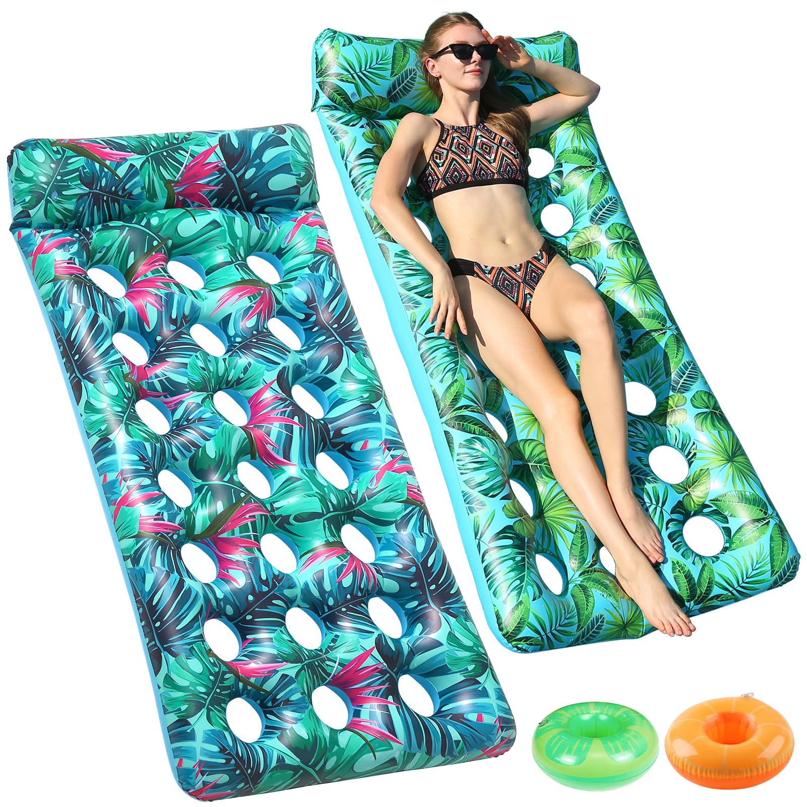 Inflatable Pool Floats Adult Heavy Duty, 74X34in Oversized Pool Float Lounger Floating Chair Raft with Headrest Cup Holder, Cooling Pool Lounge Lake Lounge Tanning Floats Summer Beach Outdoor