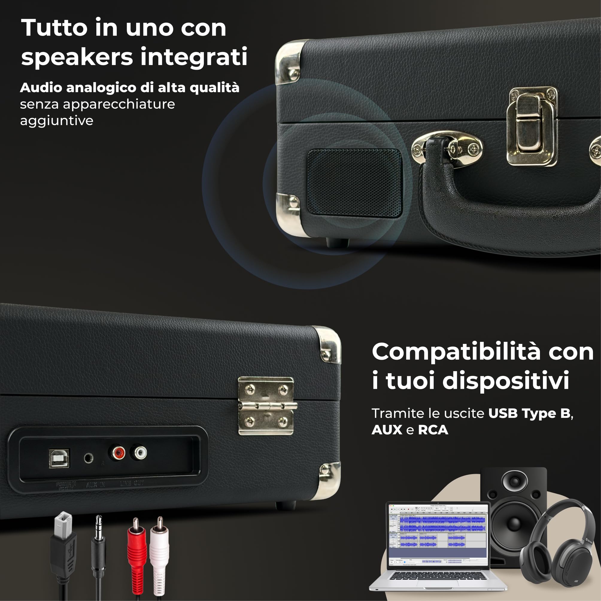 Giradischi Denver VPL-120BLACK design valigia. Altoparlanti integrati, uscita phono, compatibile con vinile 331/3, 45 e 78 RPM, Nero