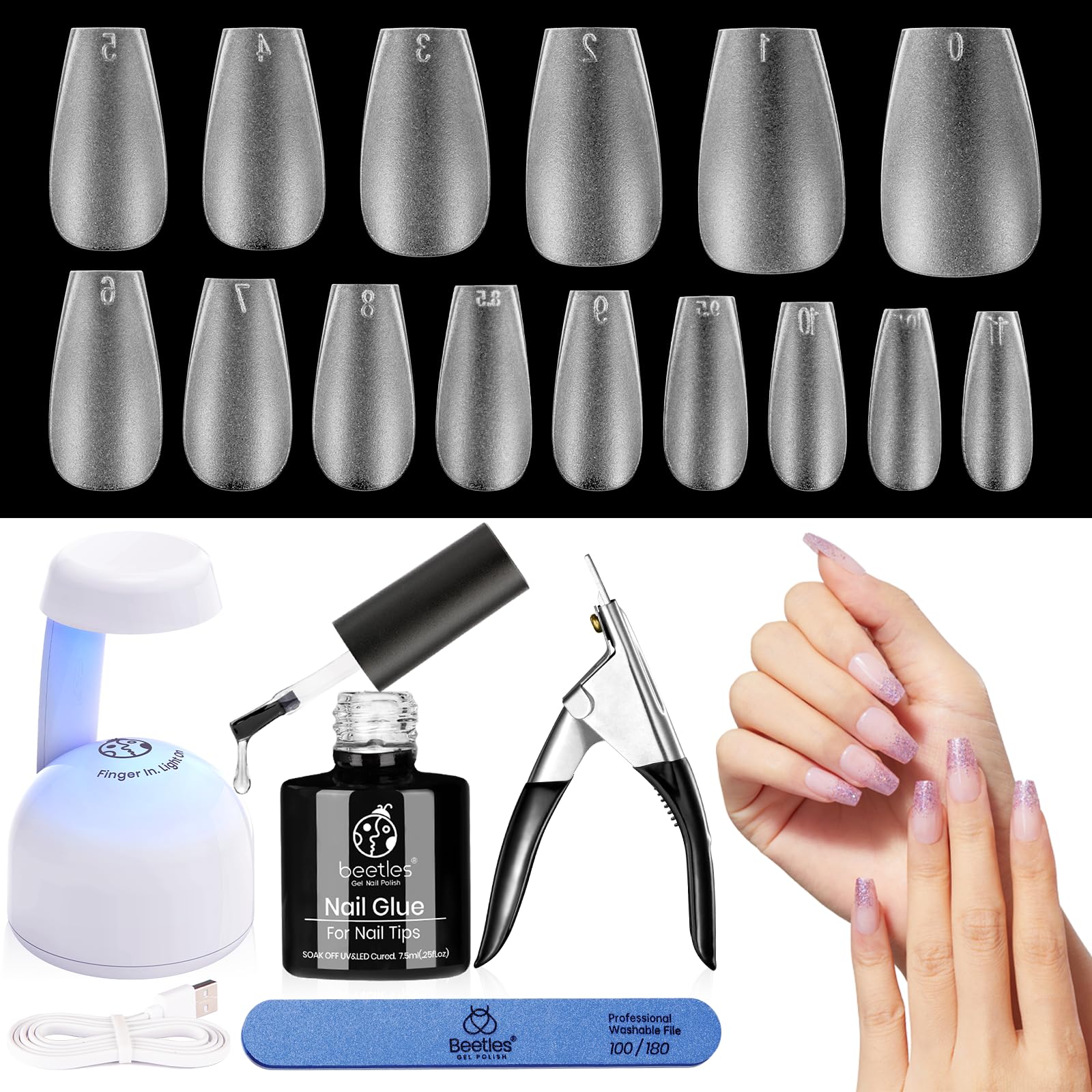 beetles Gel PolishEasy Tips Nail Extension Kit,2 In 1 Nail Glue Base Coat with Matte Short Coffin Pre-shaped False Nails and Led Nail Lamp Acrylic Nail for Art Diy Fast Manicure Kit