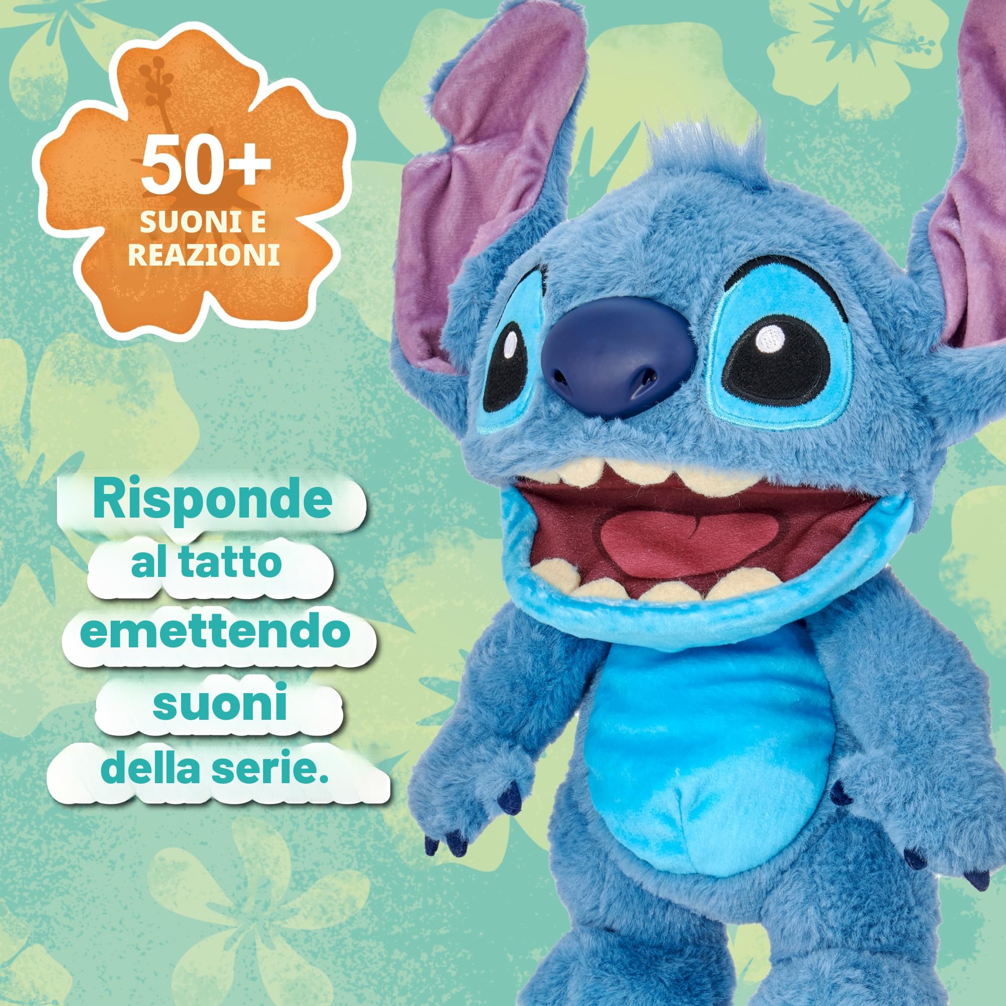 Disney Chatty Stitch Deluxe Puppetronic, Peluche dell'amico di Lilo, peluche interattivo con funzionamento da marionetta, 50+ movimenti e suoni, 6+ anni, Famosa (RE001000)