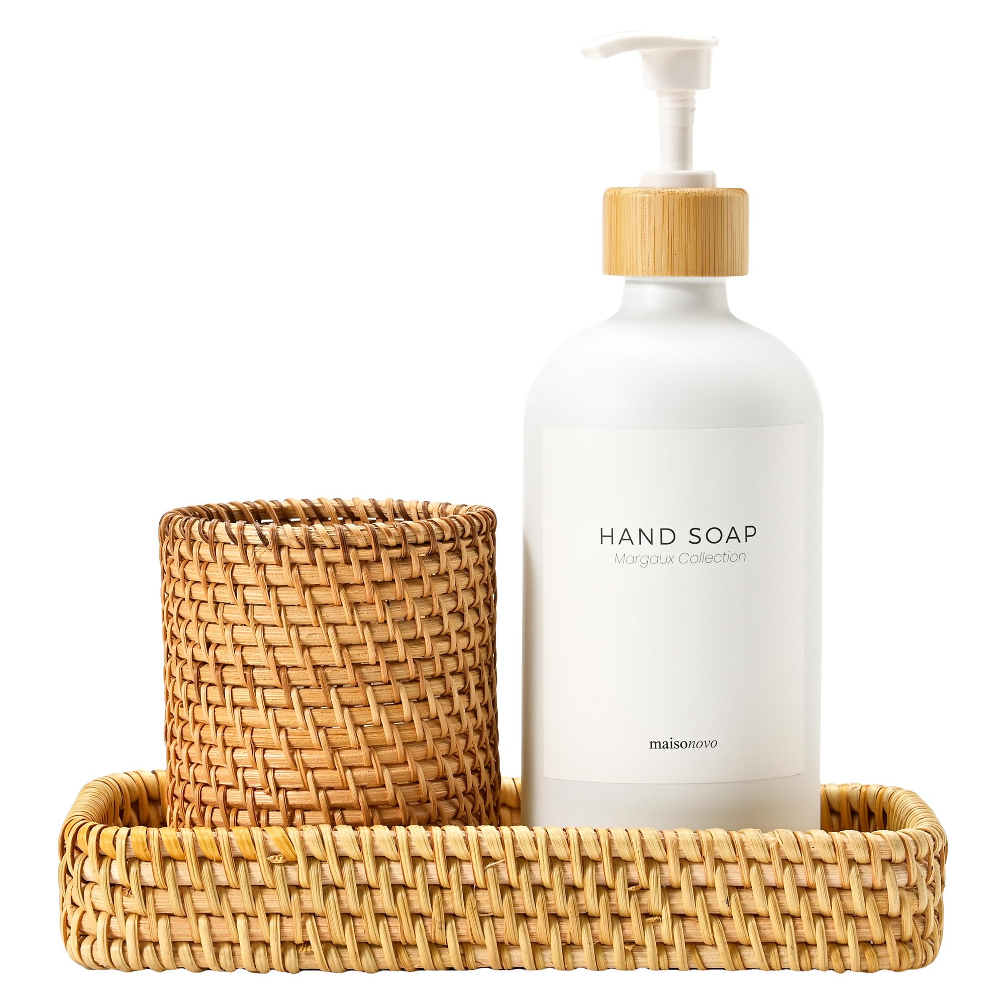 Maisonovo Women's White Rattan Bathroom Set - Countertop Dispenser, Toothbrush Holder & Toothpaste Cup With Tray - Set Of 3 - Rattan Bathroom Vanity Trays Rectangle For Storage