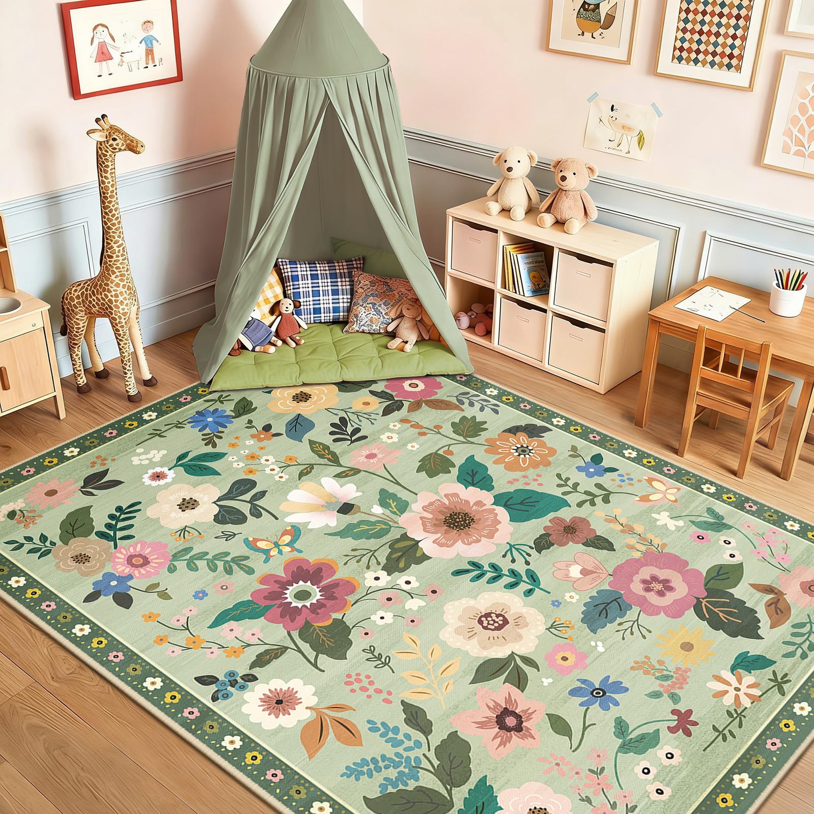 DEFYNEE Machine Washable Rugs Living Room, 150×210cm Floral Rug, Non-Slip Low Pile Boho Vintage Floral Carpet with Printed Design for Kids Room, Bedroom, Kitchen, Entryway, Lounge, Light Green — image 1