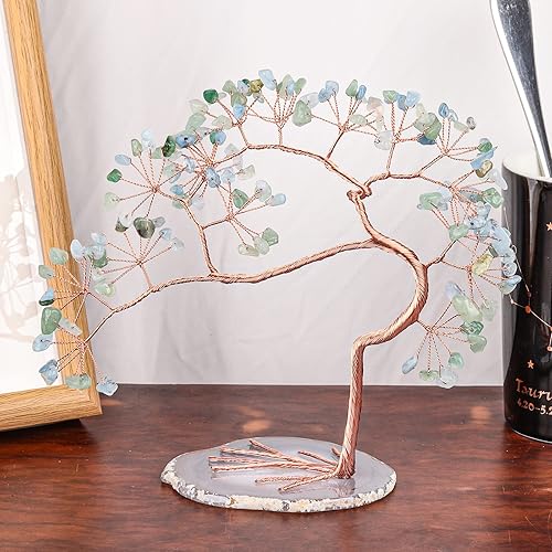 Miniatura 3 de rockcloud Árbol de dinero de cristal de aventurina verde y aguamarina con base de ágata, árbol bonsái de Feng Shui de la suerte para decoración del