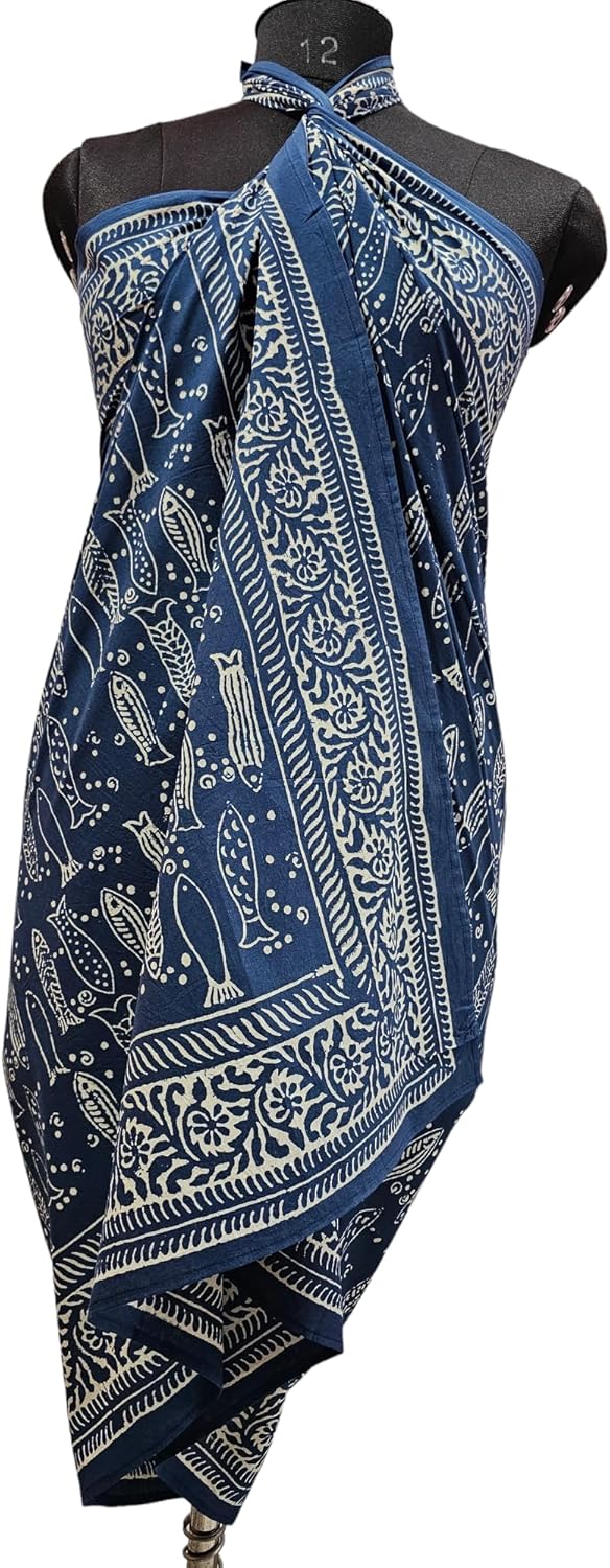 Indigo Blue Cotton Pareo Hand Dyed Scarves Indian Hand Block Print Sarong, Size 44x72 Inch - Image 3