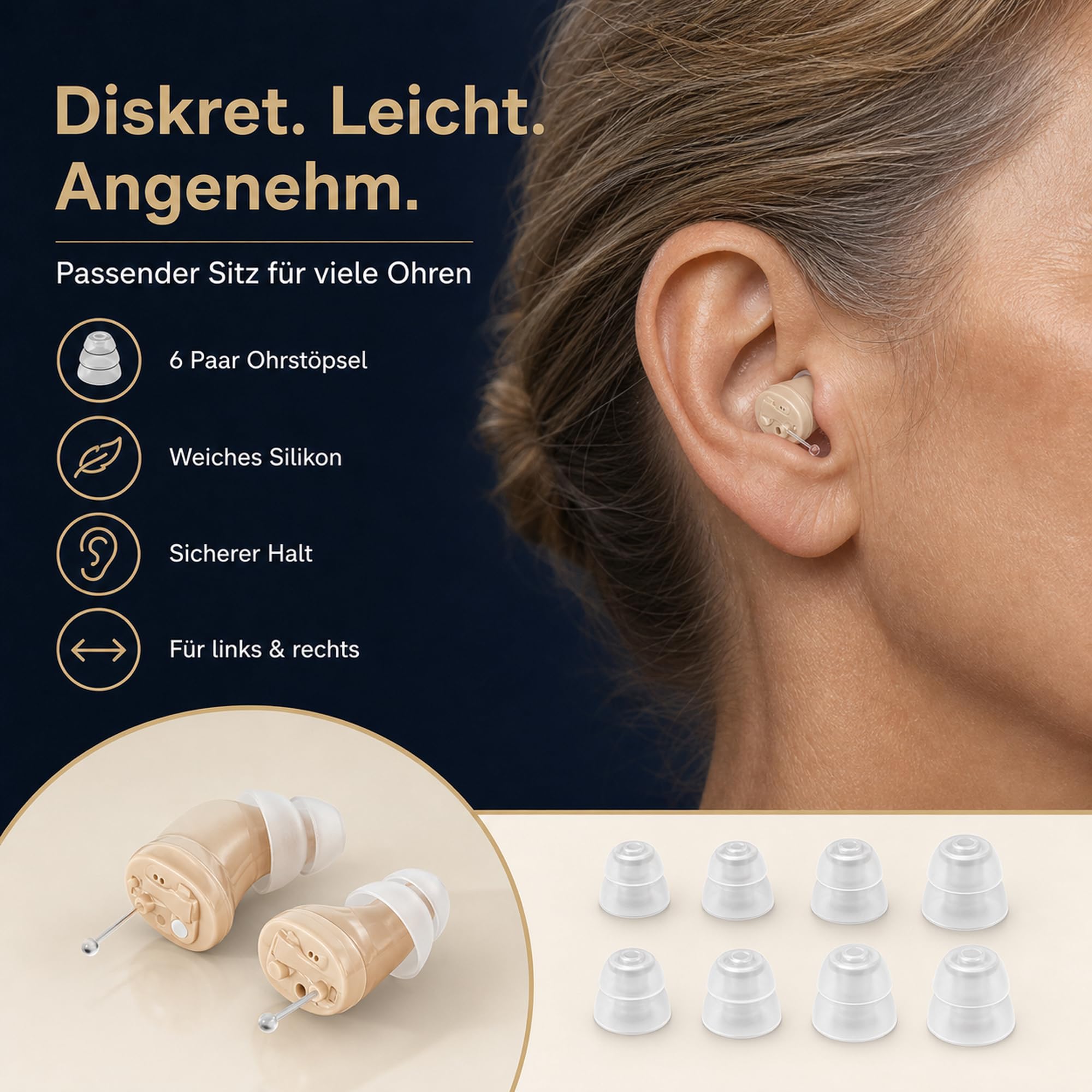 Soundgeräte mit Ladegerät Hörgeräuschverstärker Wiederaufladbares, Einstellbarer Lautstärke, Intelligente Geräuschunterdrückung, Kopfhörer Kabellos mit Aufbewahrungsbox