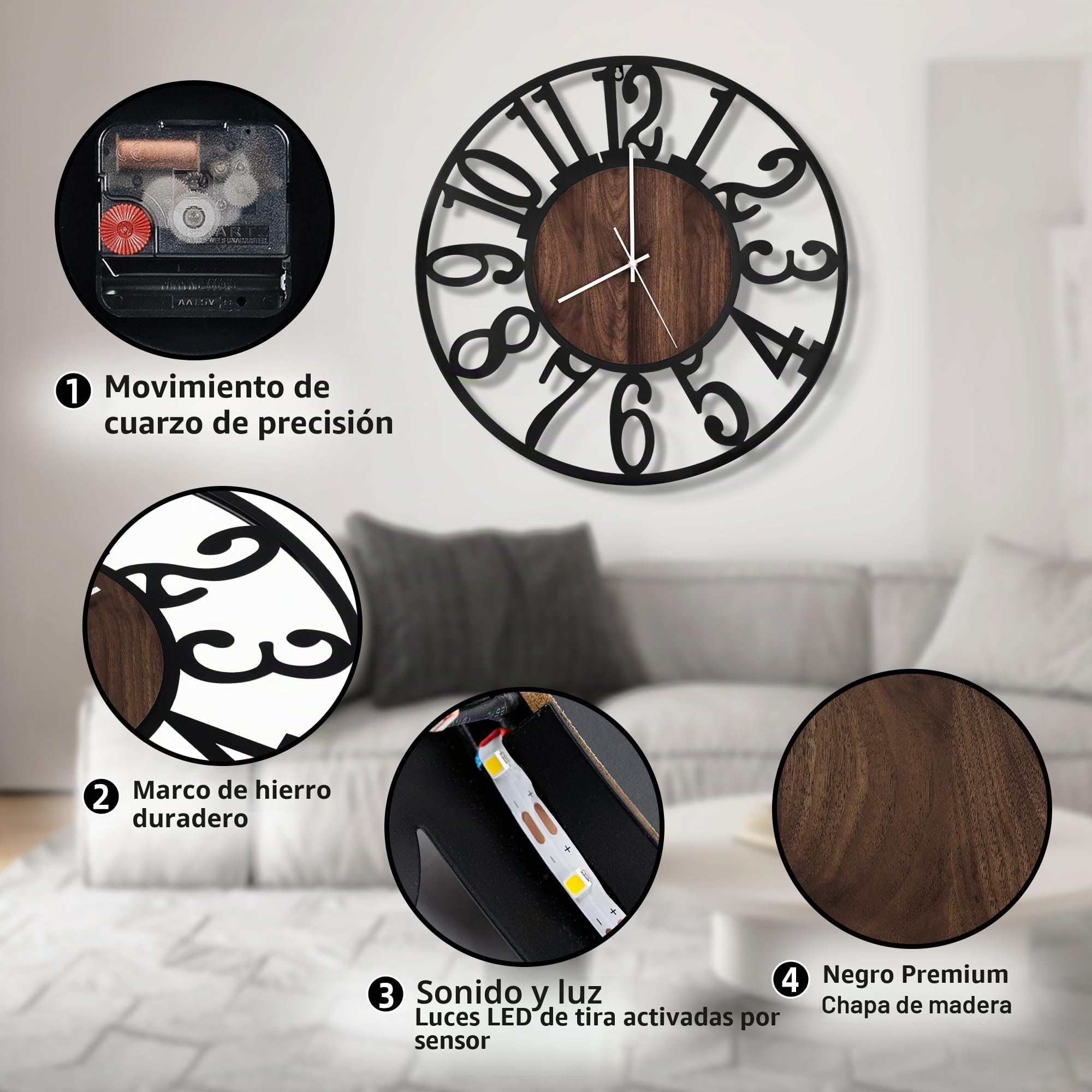 Maxstar Reloj de Pared 80CM para Salón a Pilas, Silencioso, Estilo Madera Metal, LED Moderno Dormitorio/Oficina (Números Arábigos, Negro-32)