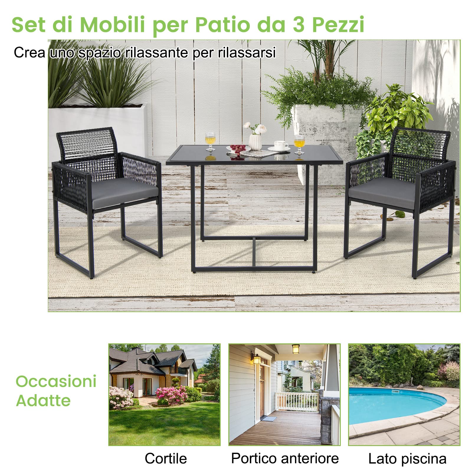 COSTWAY Set di 3 Pezzi Pranzo da Giardino, Tavolo e Sedie in Rattan PE con Vetro Temperato