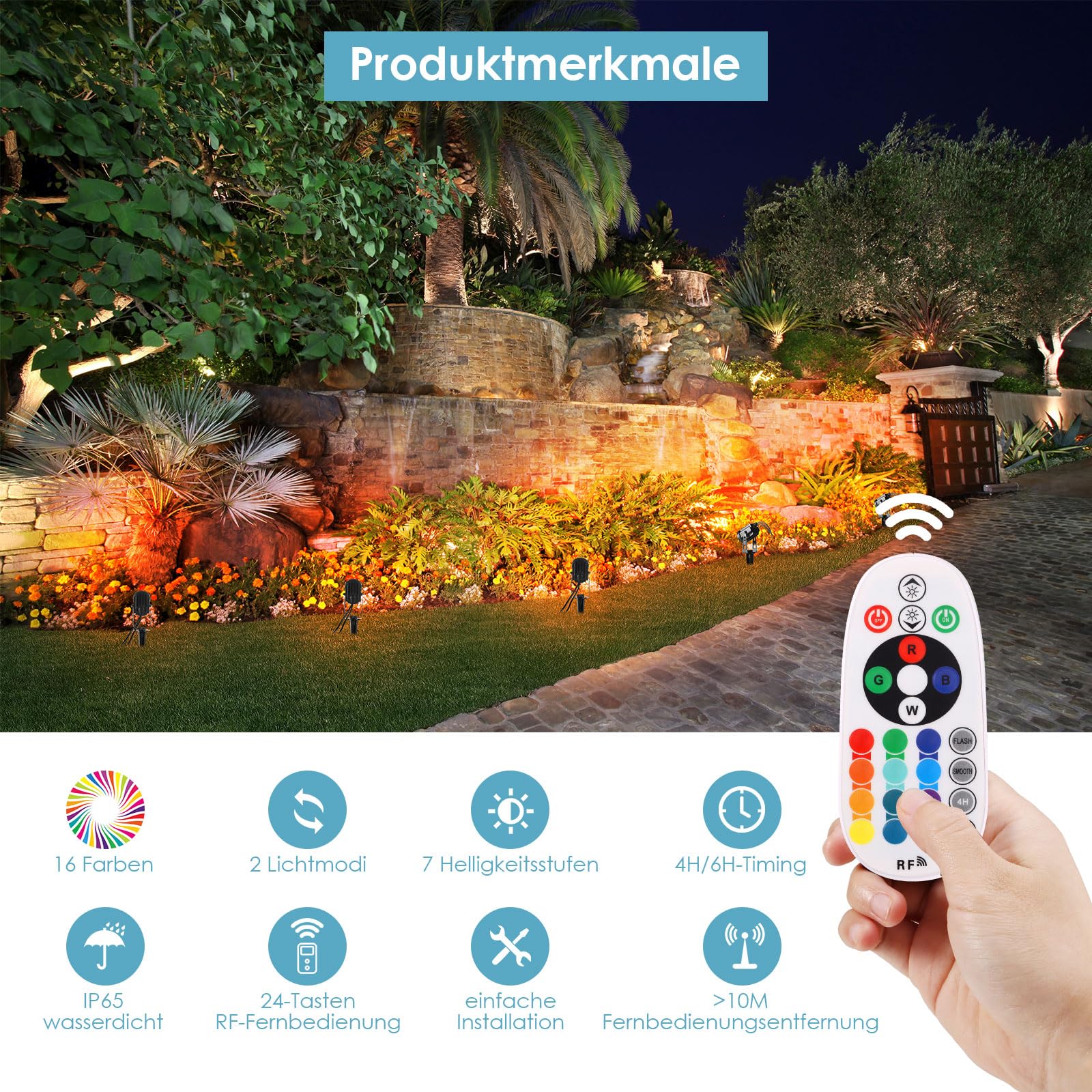 ECOWHO RGB Gartenbeleuchtung LED mit Fernbedienung und Timer,IP65 wasserdichte RGB gartenstrahler mit Strom，21M gartenleuchten mit Erdspieß für Außen Garten Rasen Bäume, Wege, Party und Teich（6 Stück）