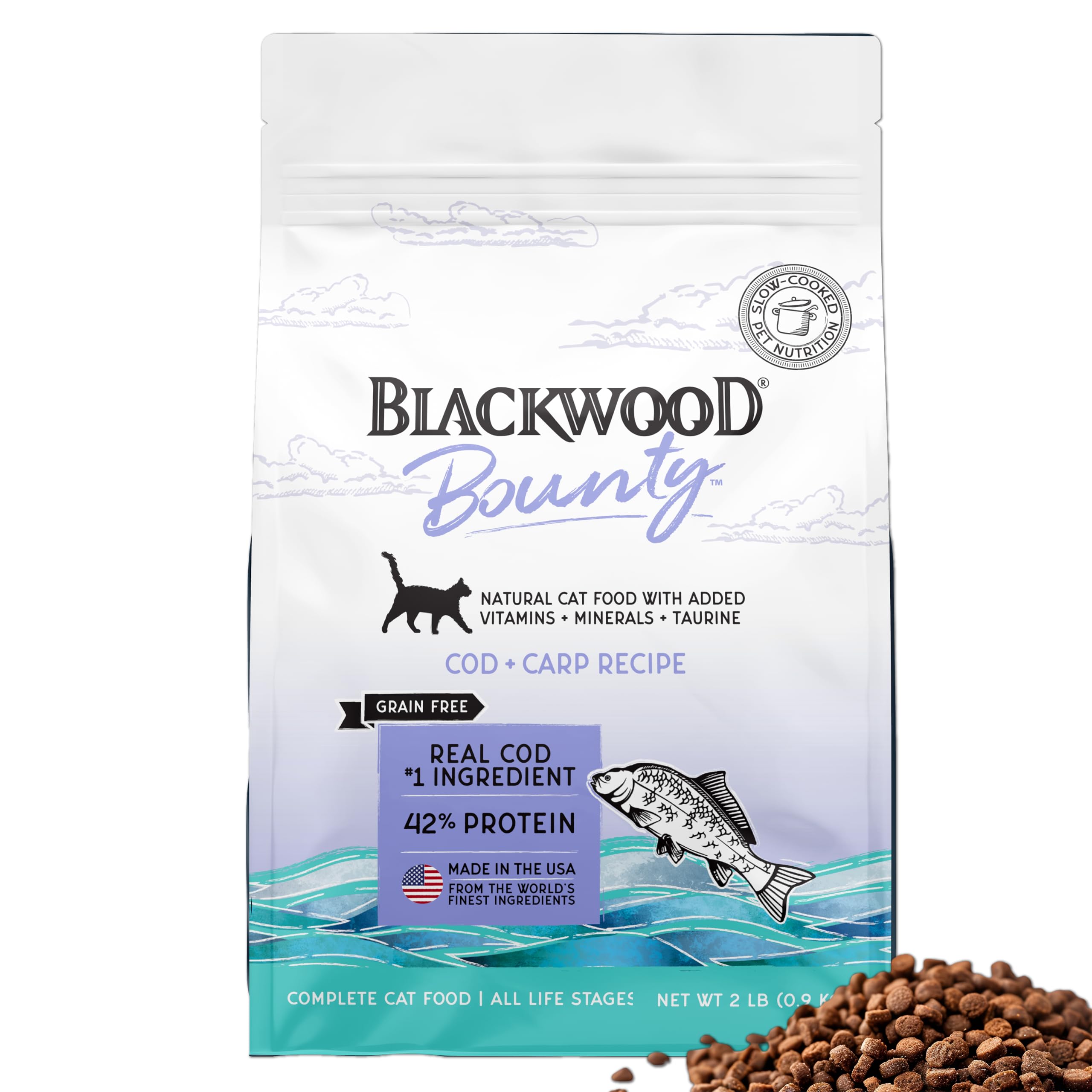 Blackwood Bounty Dry Cat Food, Cod & Carp Recipe for All Life Stages, 2 Pound Bag, High Protein, Grain Free