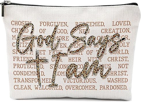 Christian Gifts Makeup Bag, Christian Gifts for Women, God Says I Am Christian Leopard Makeup Pouch, Faith Based Gifts Zipper Pouch,Bible Verse Decor