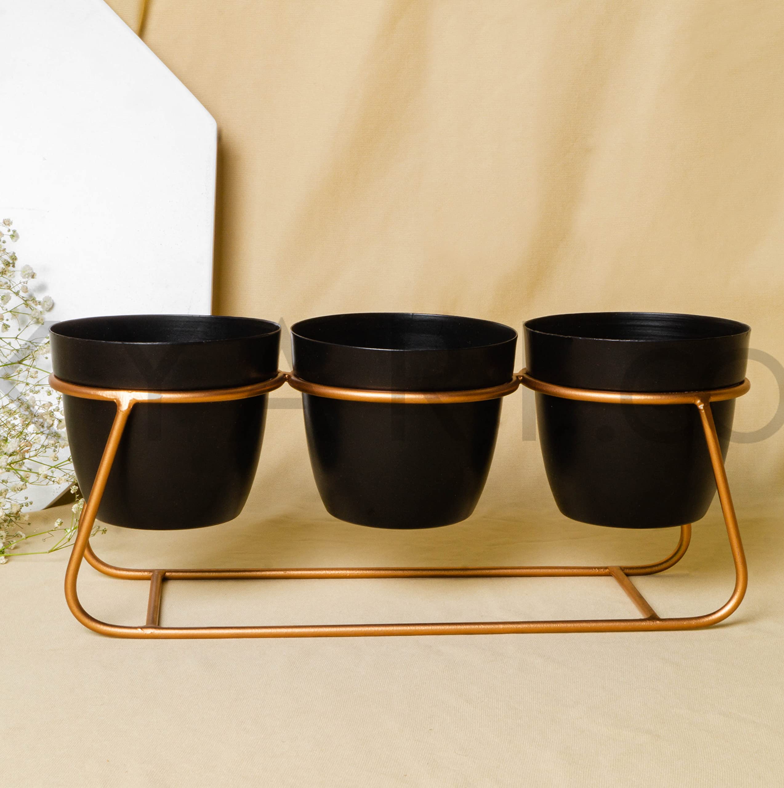 KYARI Decorative Black Metal Triple Pot with Golden Stand for Home and Garden Decor Durable & Rust Free Metal Pot Height - 8CM; Stand Height -10 CM; Stand Length - 28CM (B09STZ6N6Y) Amazon Price History, Amazon Price Tracker