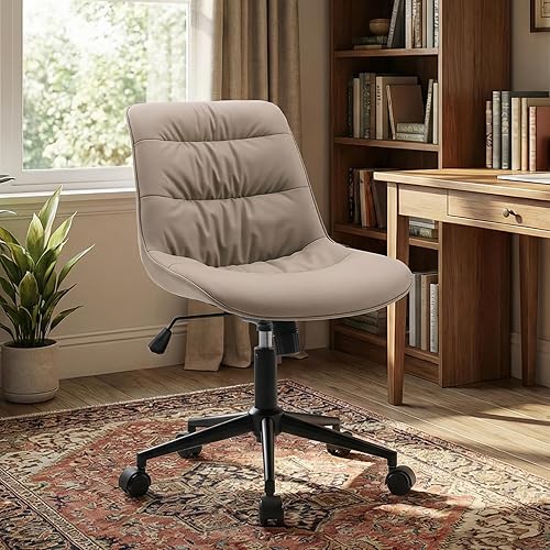 Rowill Silla de oficina de piel sintética, silla de escritorio ergonómica sin brazos con cojín impermeable y ruedas flexibles y elevación de gas