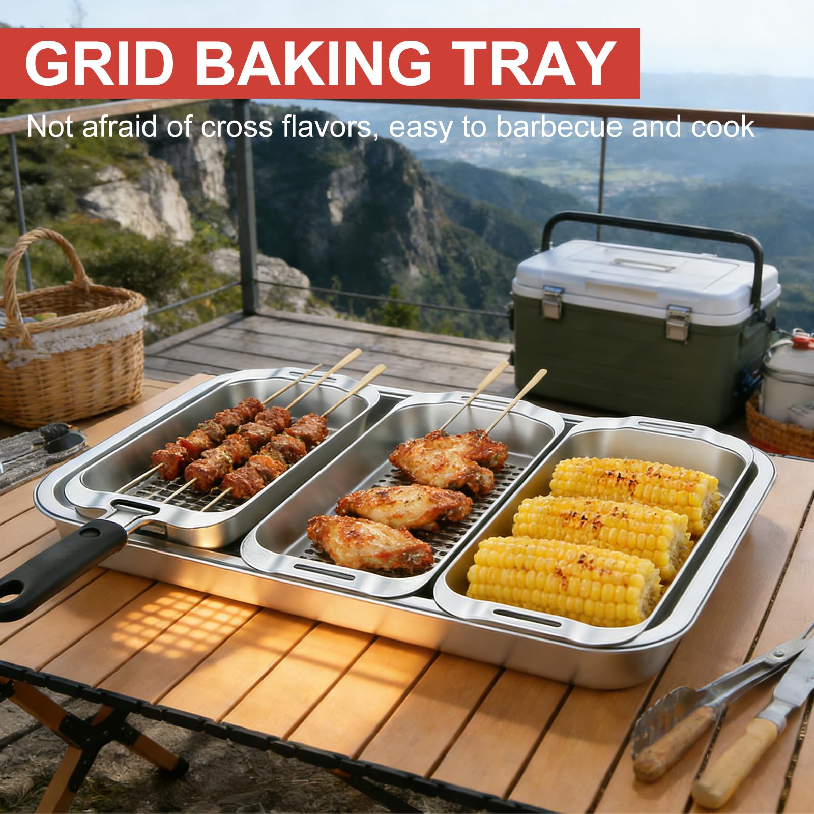 Panier à Barbecue en Acier Inoxydable Set, Panier à Légumes Barbecue avec Trous, Paniers de Grillades Avec Plateau de Service et Poignée Universelle, Accessoires BBQ Pour Poisson Viande Légumes
