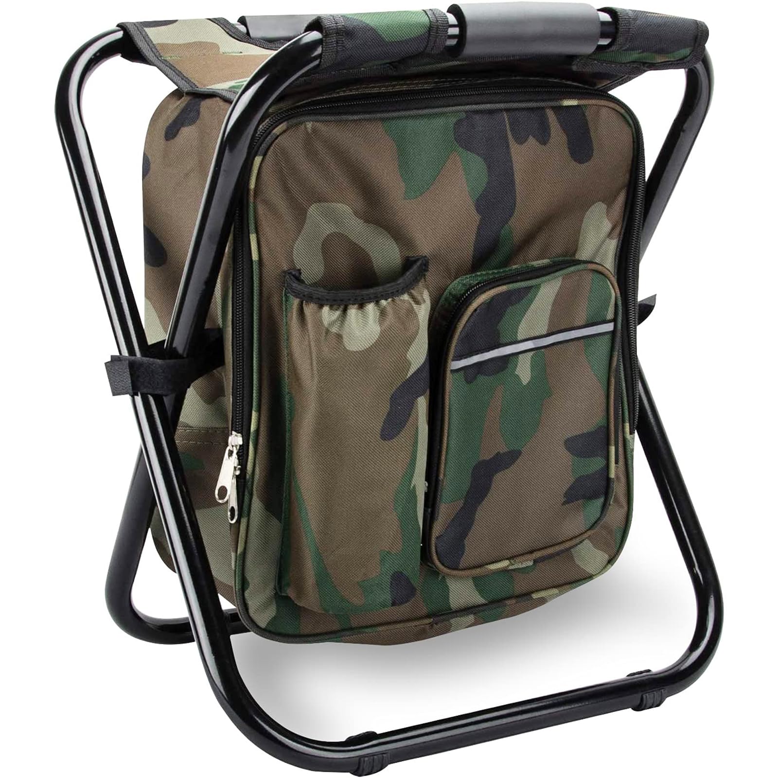 FOINNFOINN Folding Stool Backpack Insulated Cooler Bag, Collapsible Camping Hunting Fishing Multifunction Chair with Front Pocket and Bottle Pocket for Outdoor Events, Hiking, Travel, Beach (Camouflage)