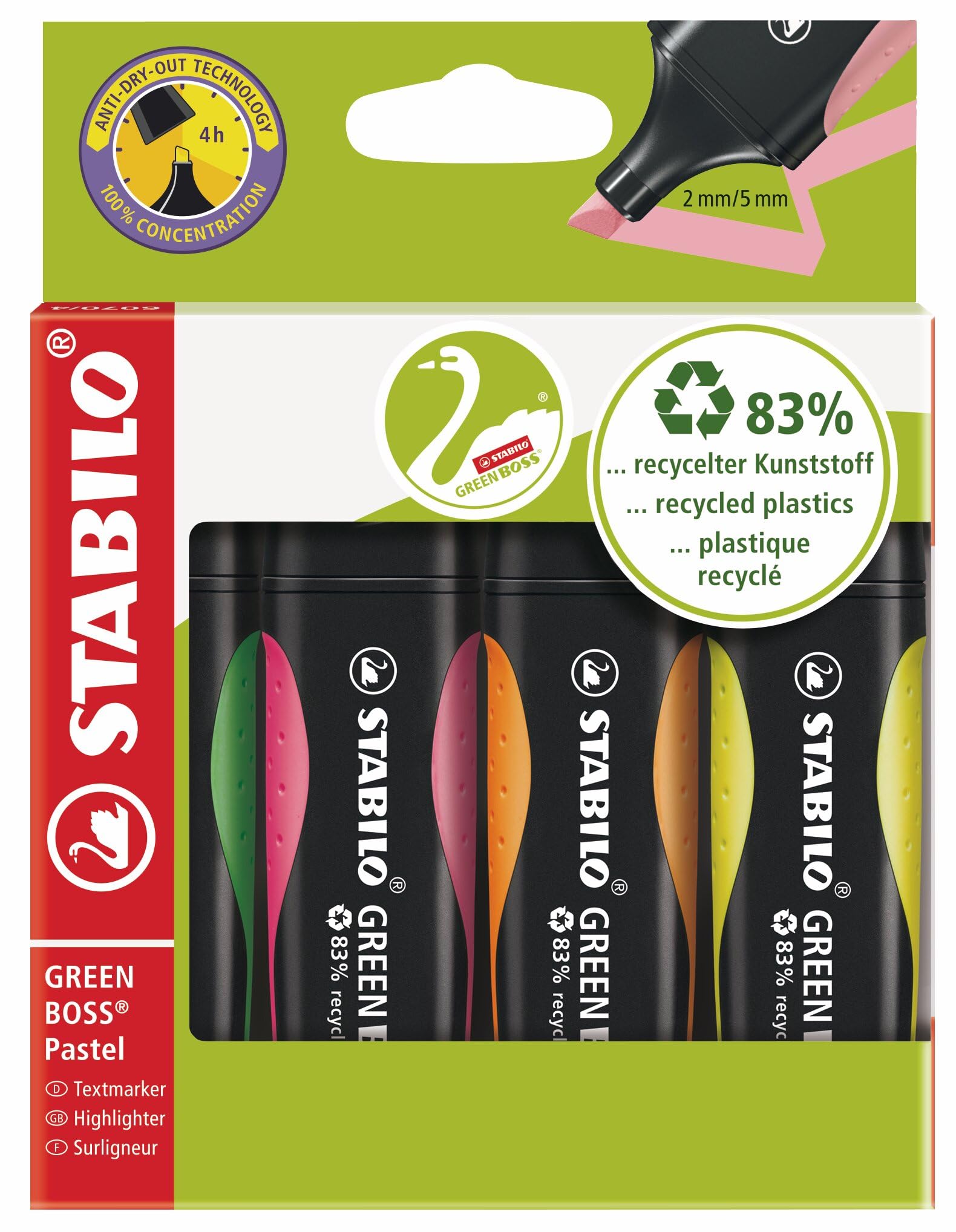 Stabilo Green Boss Highlighter Pen Chisel tip 2-5mm Line Assorted Colours - 4 Pack (6070/4)