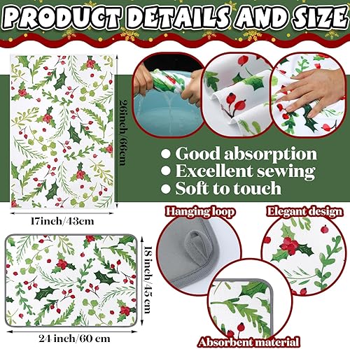Miniatura 3 de Juego de 4 toallas de cocina de bayas de acebo y 1 tapete de secado de platos de Navidad, toallas de mano de bayas, vacaciones de invierno, tapete