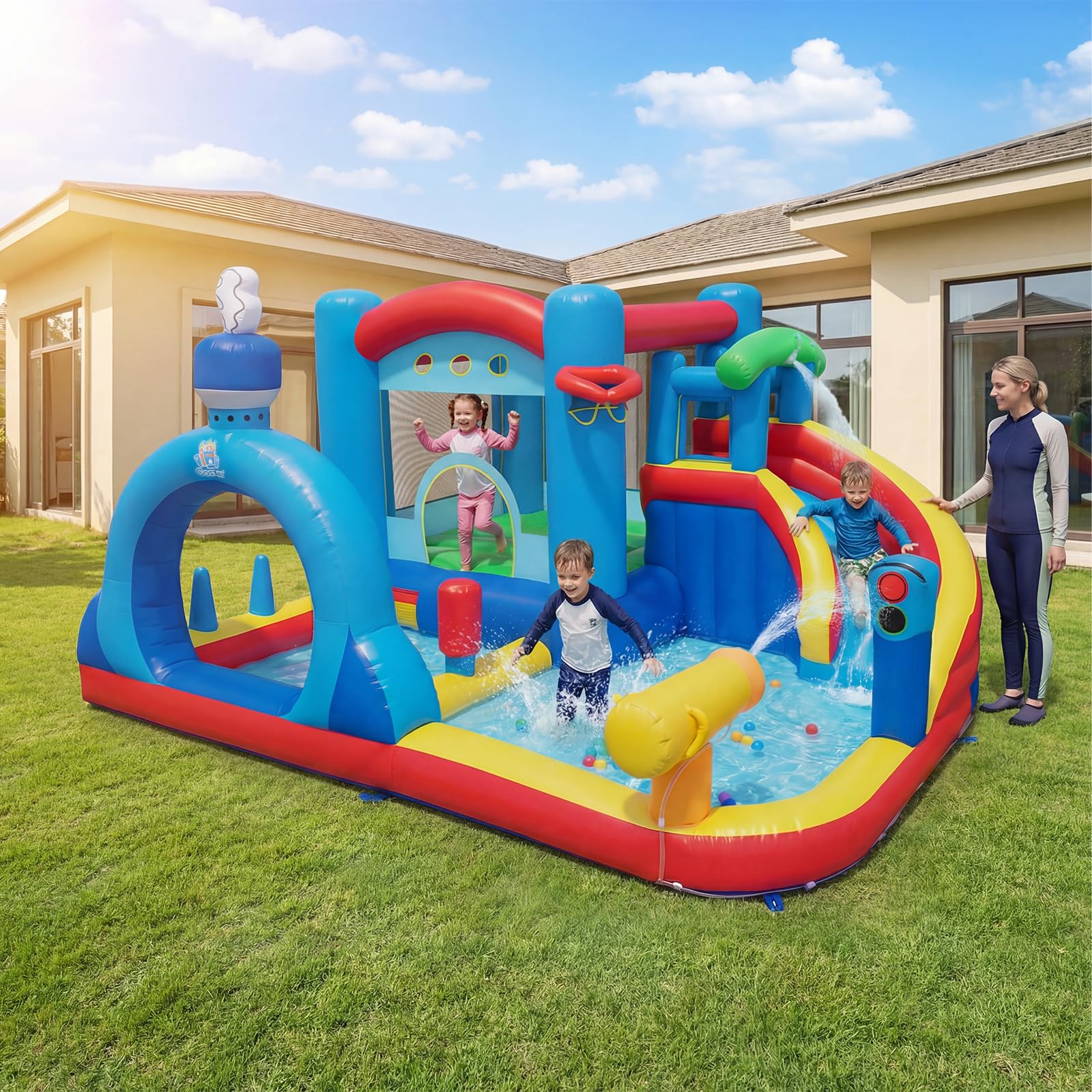 COSTWAY Castello Gonfiabile per Bambini, Casa Gonfiabile con Piscina, Cannone d'Acqua, Gioco con Anelli, Gioco a Bersaglio e Parete d'Arrampicata, Parco Acquatico da 3-12 Anni per Esterno