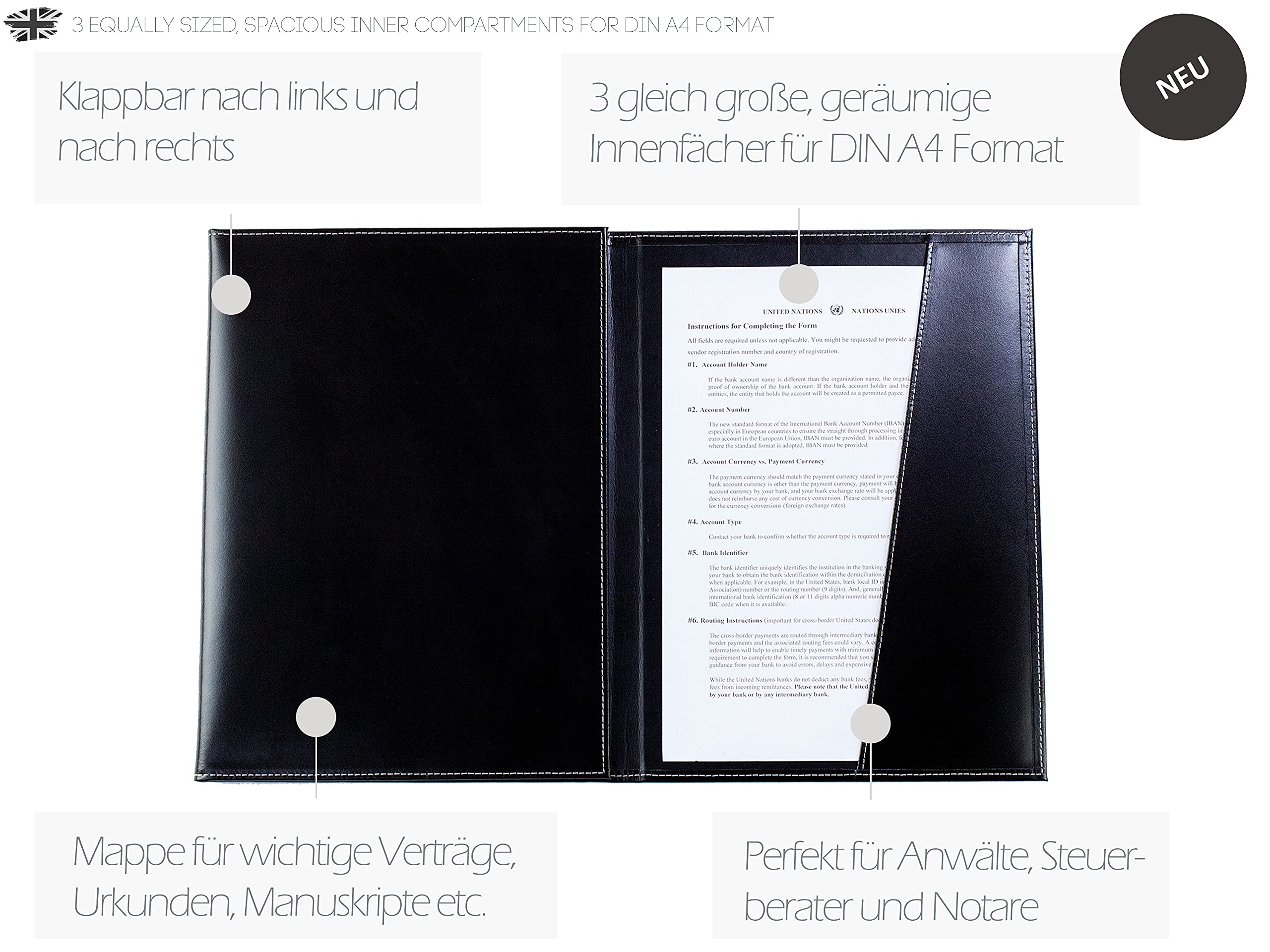 DELMON VARONE - Kanzlei- & Vertragsmappe mit 3 Fächer DIN A4 Cambridge Top Grain Leder Schwarz - Echtleder Zeugnis-Mappe personalisiert - Dokumenten-Mappe zum Abheften von Verträgen, Urkunden & Akten