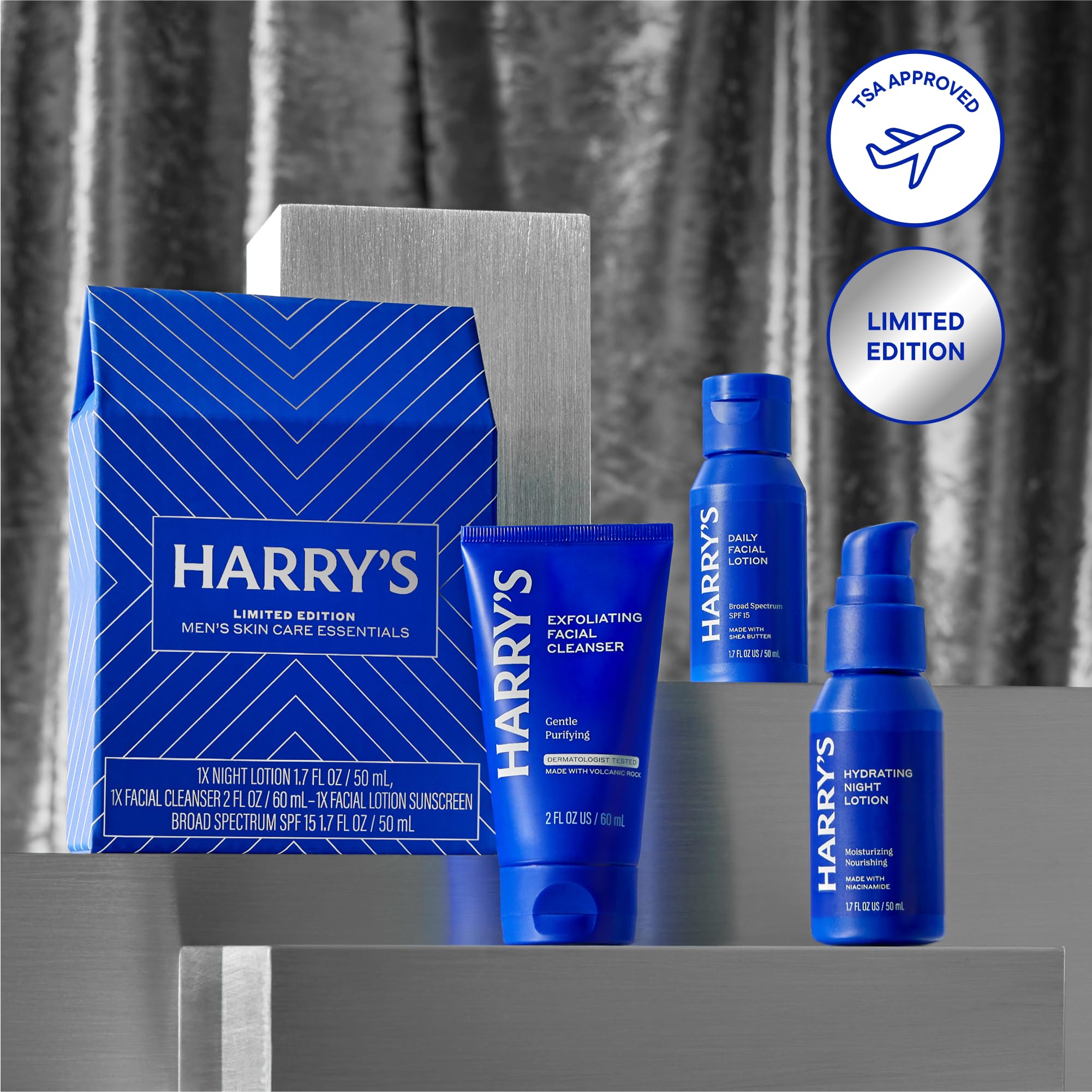 Harry's Limited Edition Holiday Gift Set for Men, Men's Skincare Essentials (2 oz Exfoliating Face Wash, Daily Face Lotion with SPF 15, Hydrating Night Lotion)