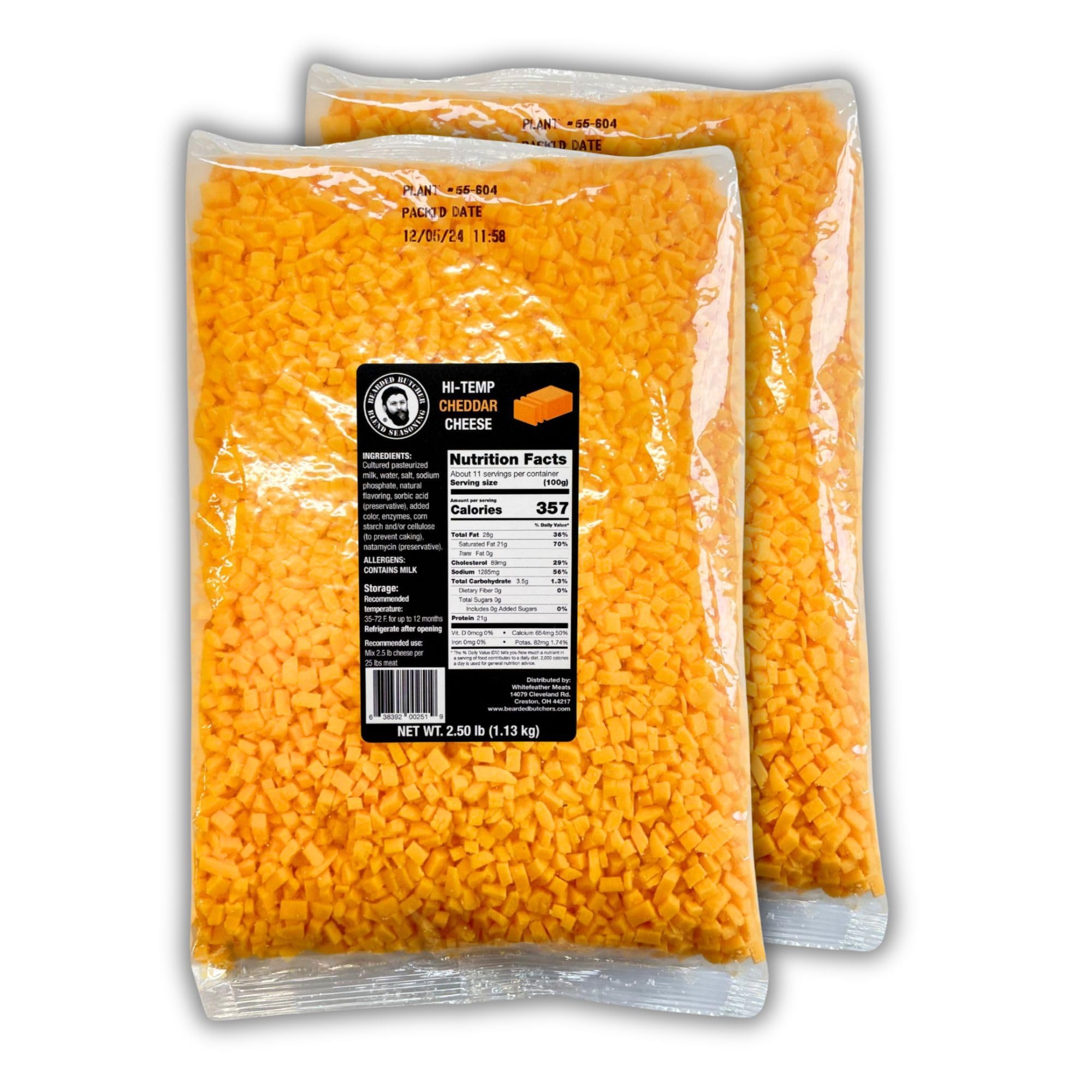 Bearded Butchers High-Temp Cheddar Cheese, Pack of 2 (2.5 lb Bags) – 5 lbs Total, Shelf-Stable 1/4-Inch Cubes for Up to 25 lbs of Meat Per Bag, 400°F