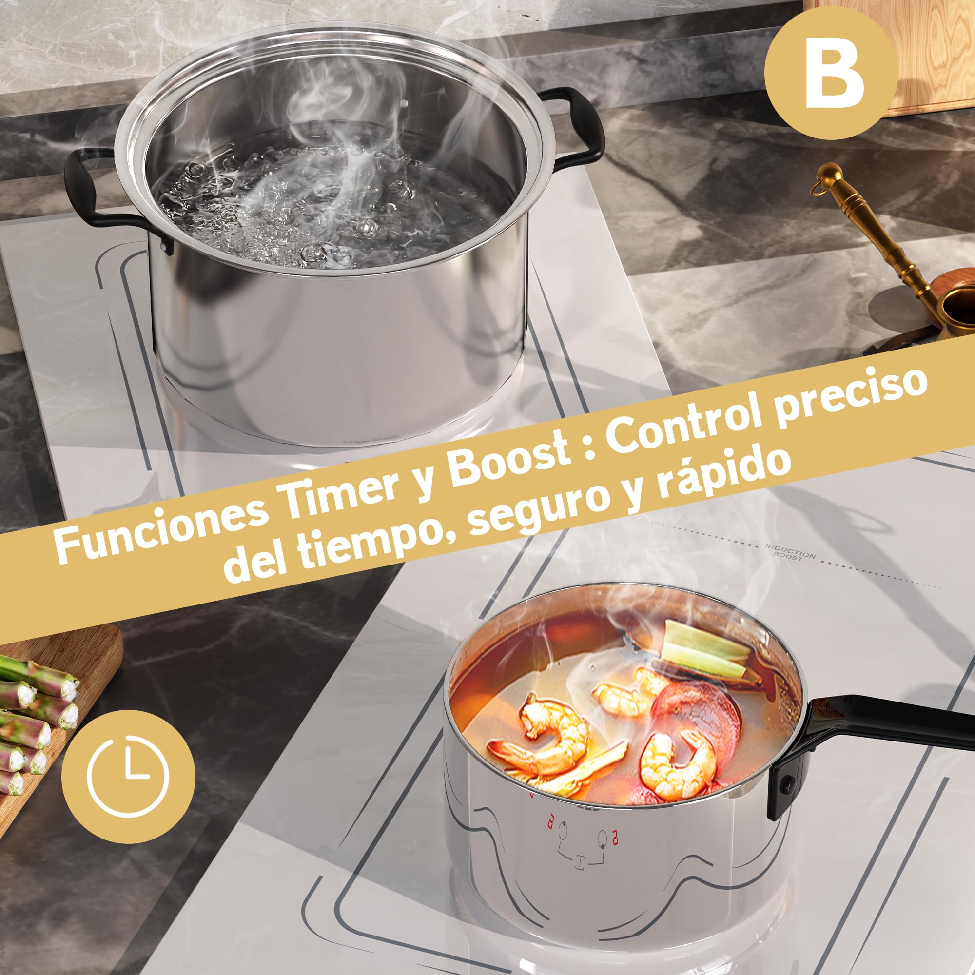 Placa inducción Disaenvir de 2 Fuegos Empotrable, Blanco, 30 cm, 3500 W, enchufe de 220 V, 9 Niveles de Potencia, Función Boost, Temporizador y Protección Antitoque, Flexible