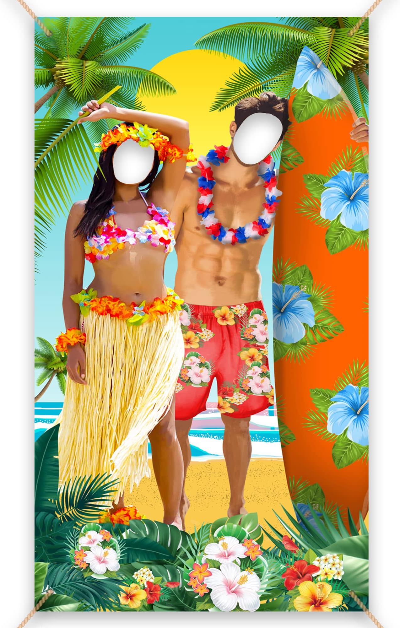 Hawaiian Party Decorations Photo Booth Backdrop Fabric 92 x 183cm - Hawaii Themed Party Decorations Face in the Hole Photo Backdrop - Caribbean Summer Luau Couple Photobooth Back Drop