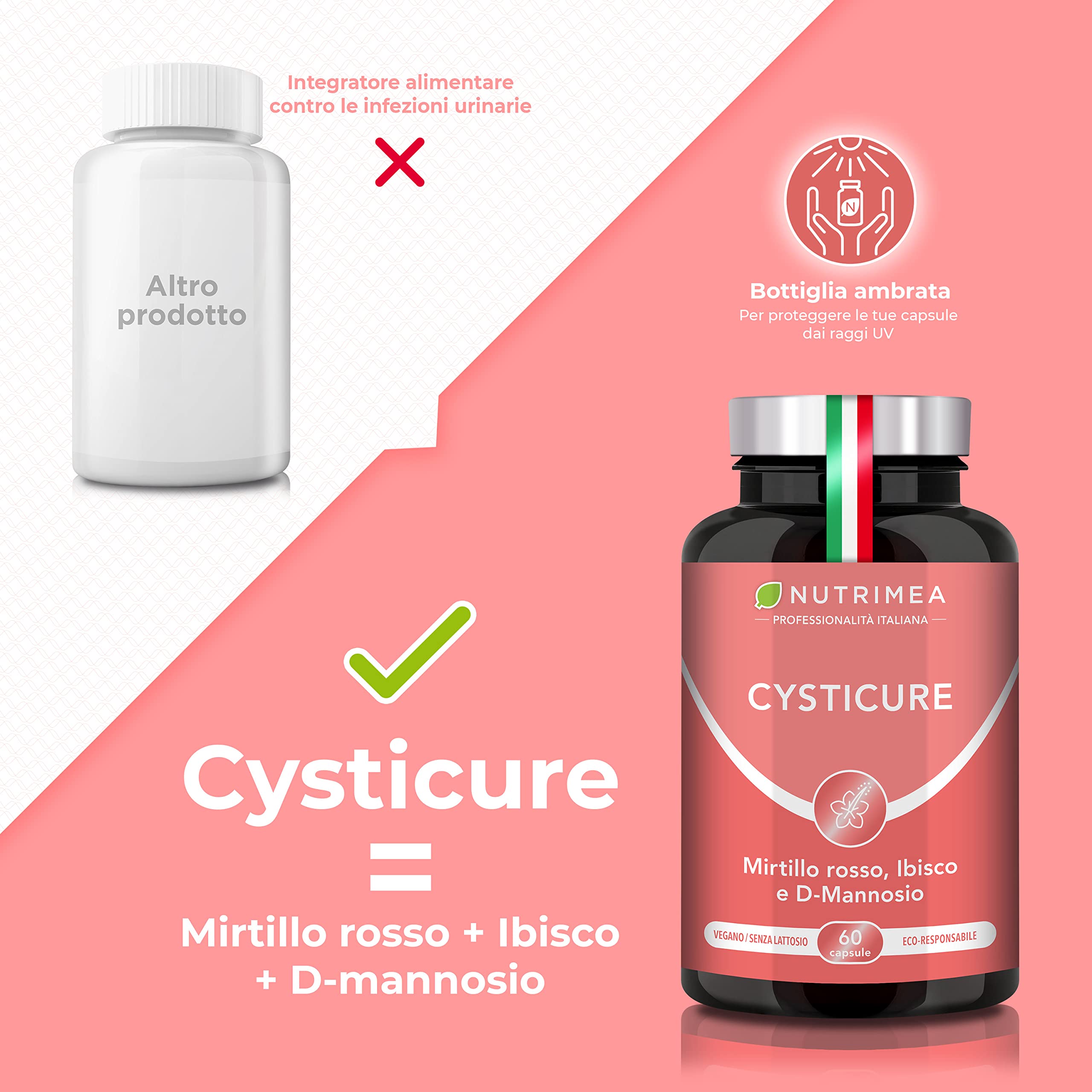 Cysticure | Integratore di D-Mannosio, Mirtillo Rosso e Ibisco | Per Cistite e Infezioni Intime | 100% Naturale | 60 Capsule | Nutrimea
