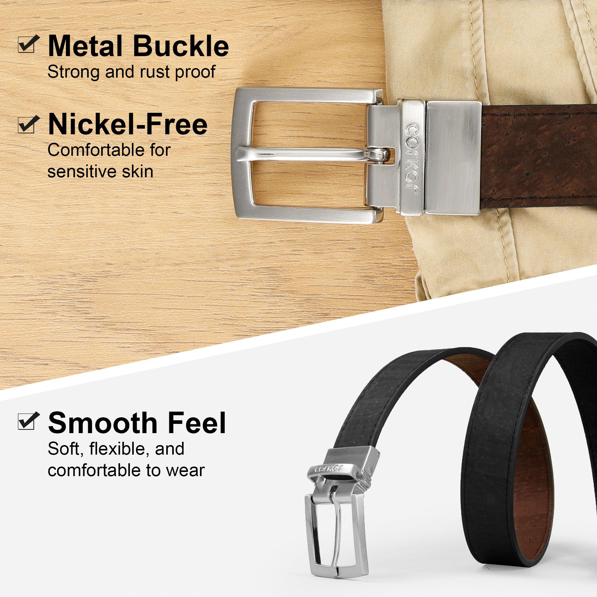 Corkor Herren Gürtel Ratsche für Männer Reversibel 30mm Breit Vegan aus Veganer korkleder