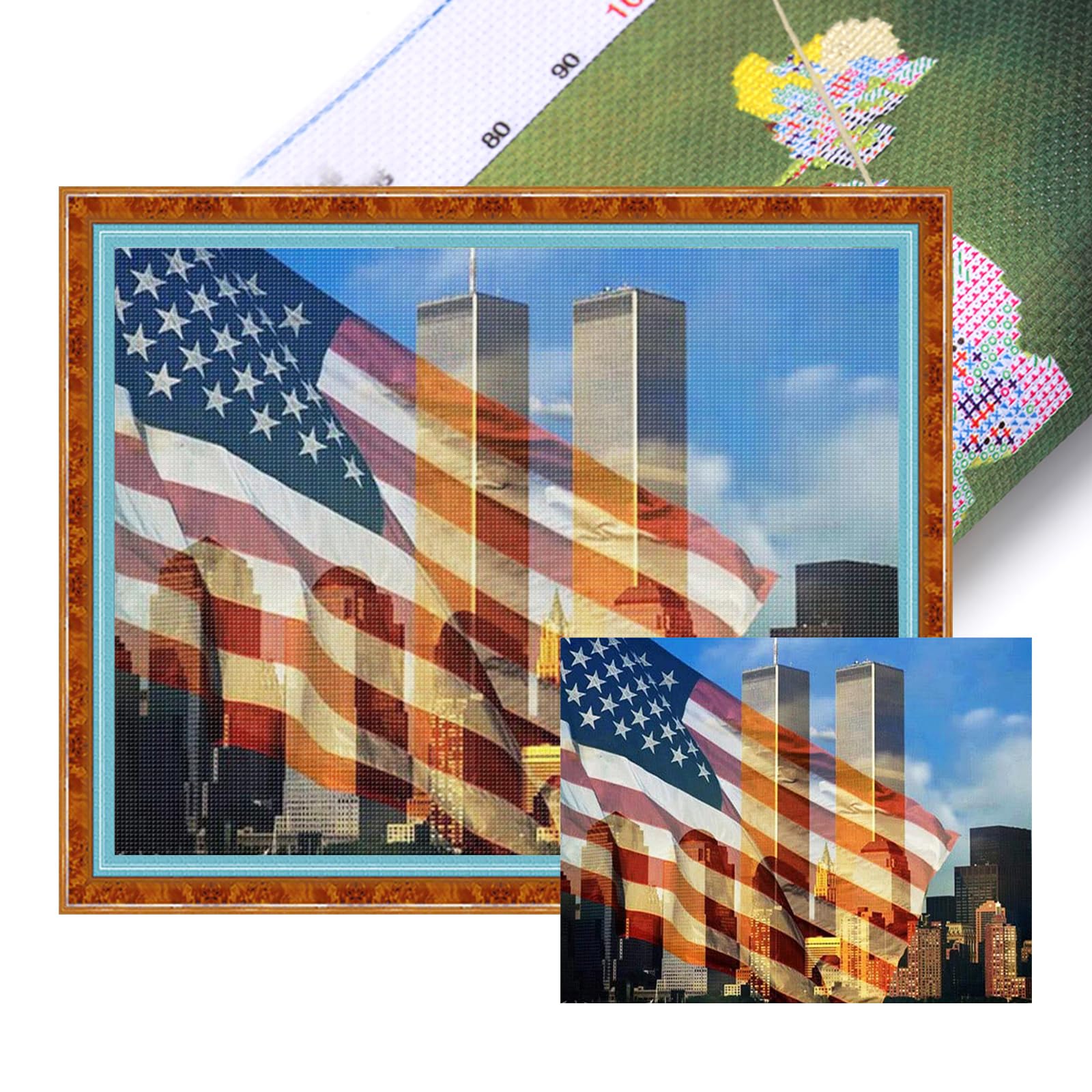 Poetrydraw Twin Towers And Old Glory Twin Towers Full 11Ct 3 Strands Diy Stamped Cross Stitch Kits 50X40cm Embroidery Needlepoint Starter Kits For Beginners Adults Home Wall Decor (Twin Towers And Old Glory)