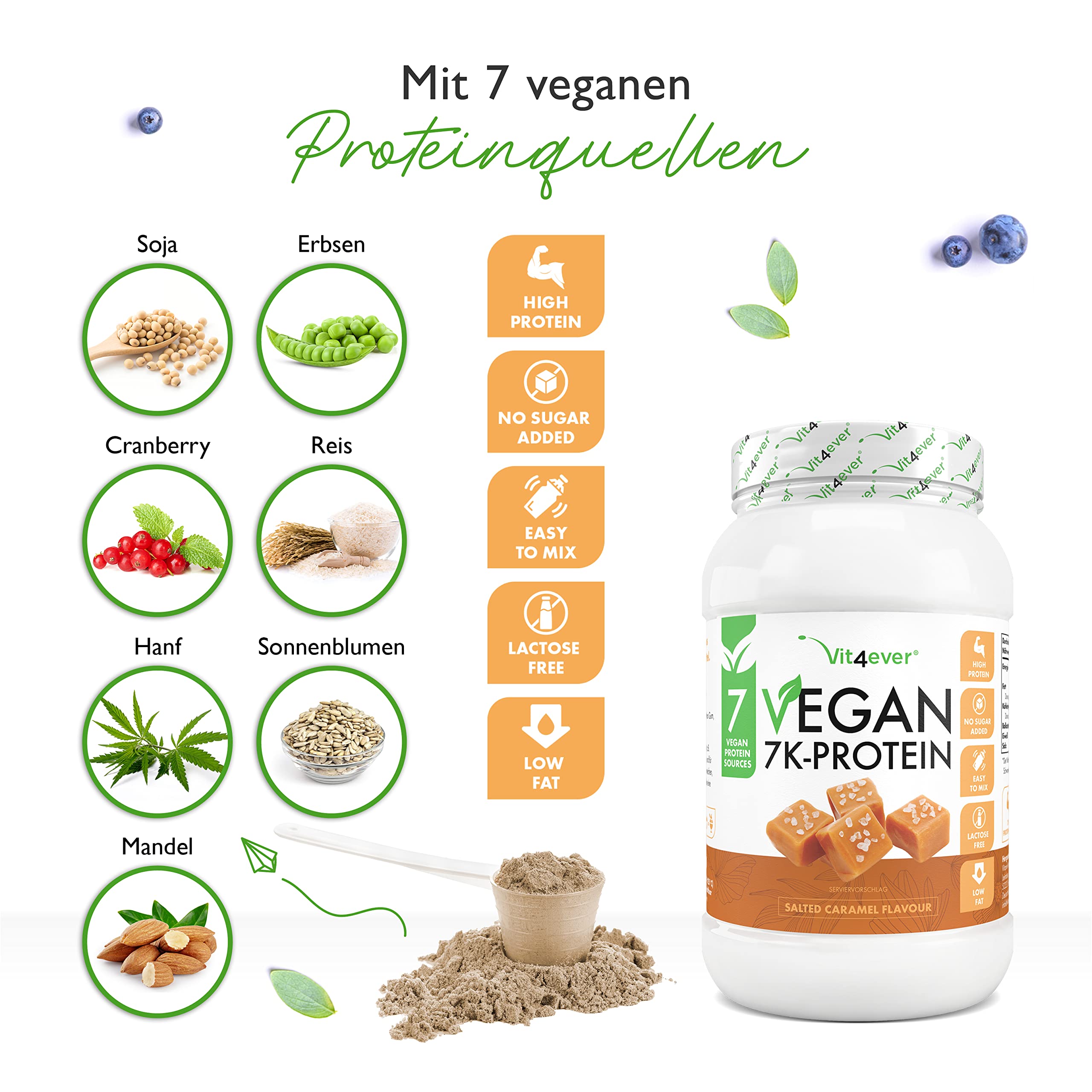 Vegan 7K Protein - 1kg - Salted Caramel - Rein pflanzliches Eiweißpulver mit Reis-, Mandeln-, Soja-, Erbsen-, Hanf-, Cranberry-, Sonnenblumenprotein