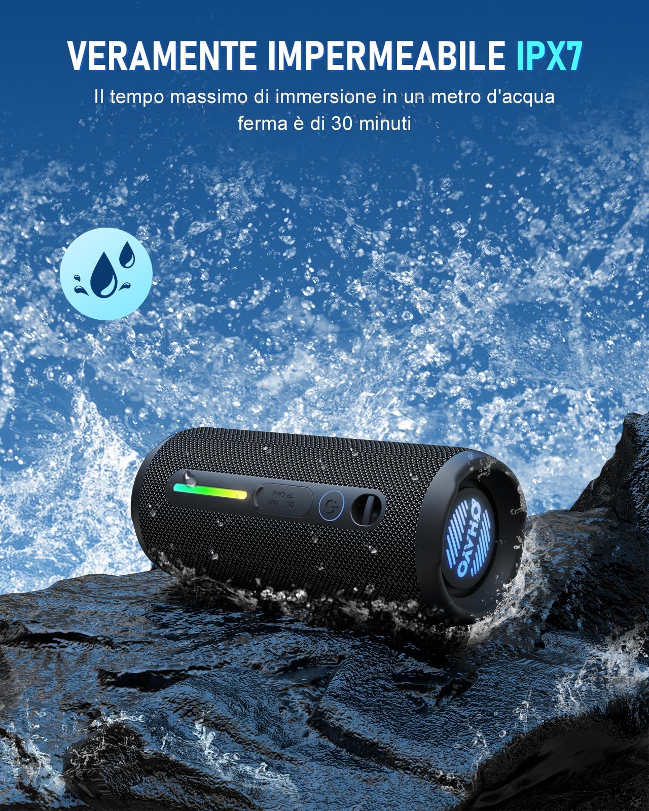 OHAYO Cassa Bluetooth Potente Portatile 24W, Altoparlante Bluetooth 5.3 con luci RGB e funzione di potenziamento dei bassi, 30 Ore di Gioco, Impermeabile IPX7, Adatto per Uso All'aperto, Feste