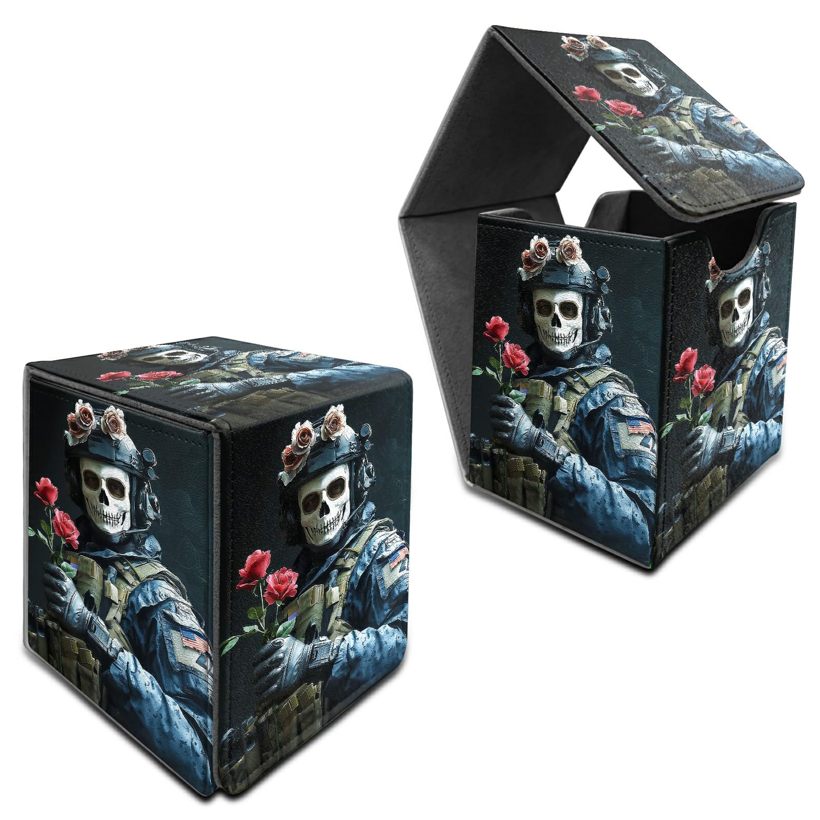 RWUTYTIUL for MTG Commander Deck Box, Storage Box Fits 100+ Sleeved Cards, Leather Strong Magnet Card Deck Case Holder for Board Game Magic MTG TCG CCG Sports Baseball, Skull Man Flower — image 1