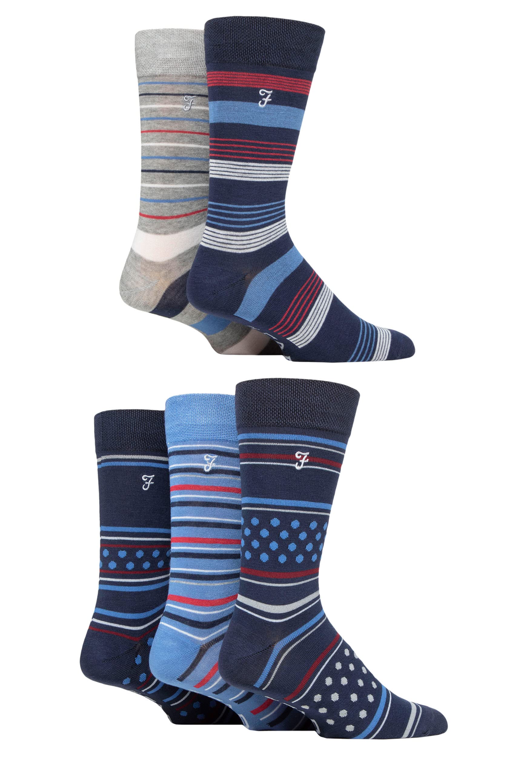 Farah Mens Bamboo Socks Plain and Patterned Striped Argyle Spotty Designs, Bright Colourful, Gift for Him, Dad, Husband 5 Pairs - Stripe and Dots Navy/Blue 6-11