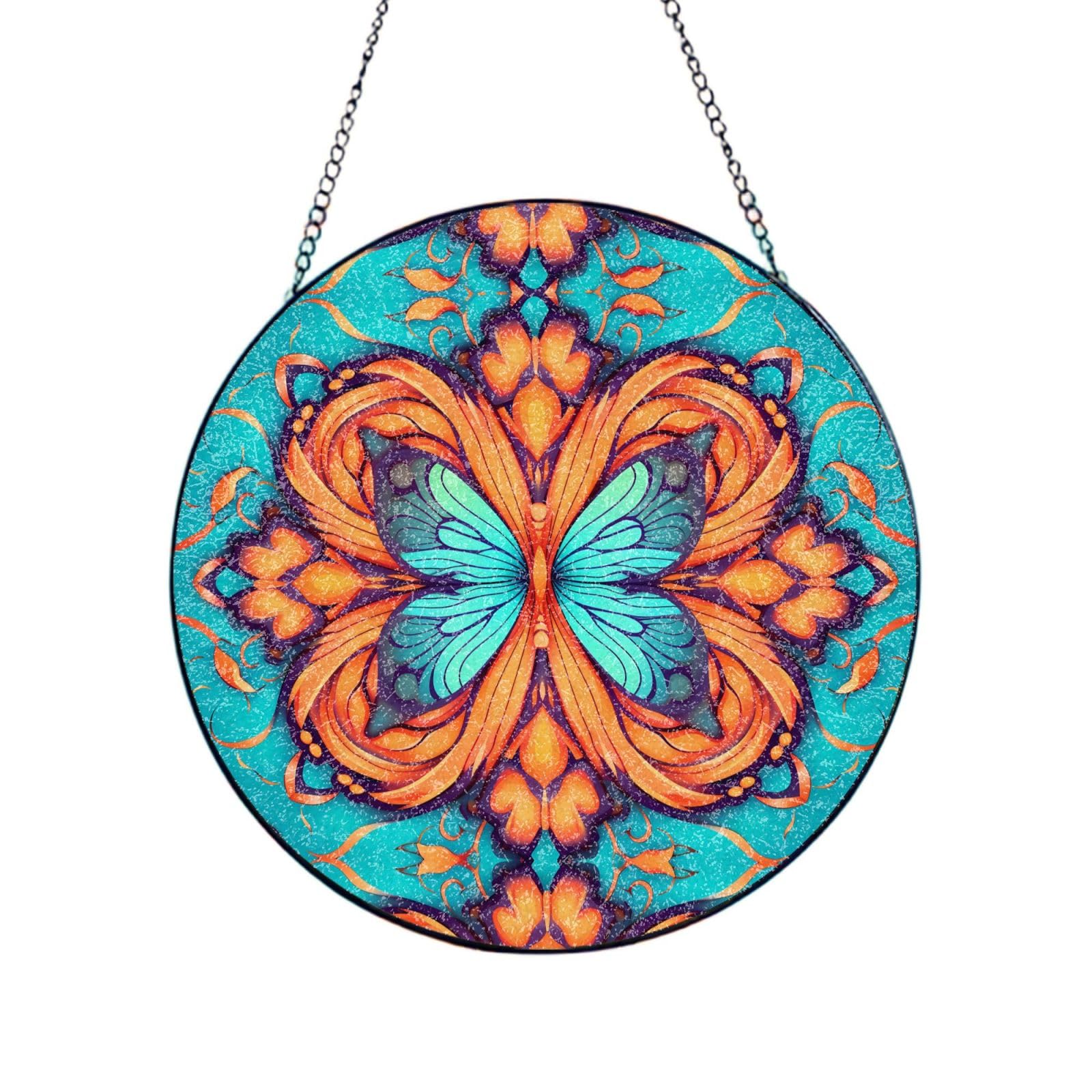 Phayah Blooming Butterfly Print Stained Glass Window Hanging Sun Catchers Decoration Mother'S Day Birthday Gifts For Home Garden Porch 10in（25cm）