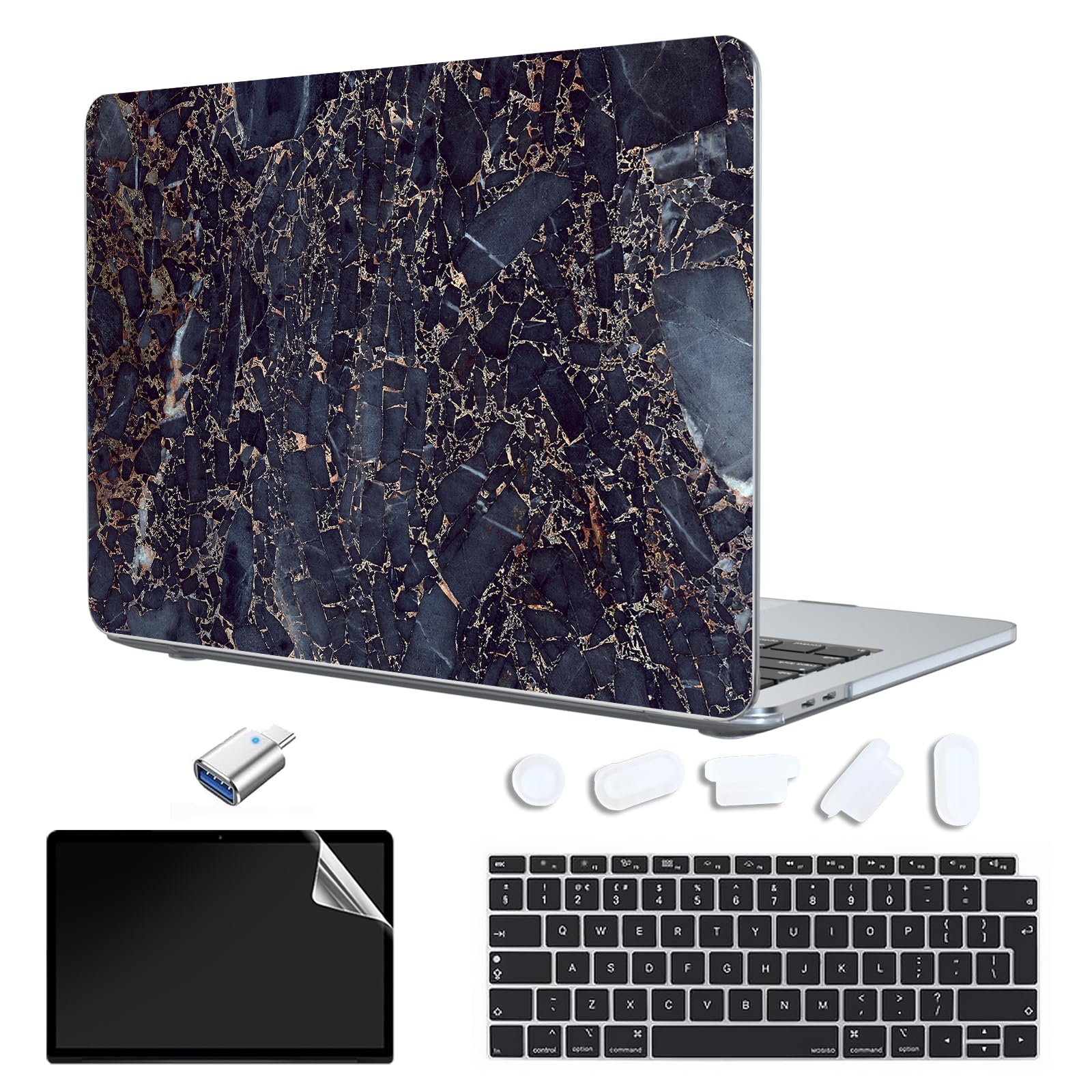 Hülle kompatibel mit MacBook Air 13 Zoll 2023–2018,MacBook Air 13 Zoll A2337 M1 A2179 A1932 mit Retina,Hartschale,EU Tastaturabdeckung und Displayschutzfolie-Marmor