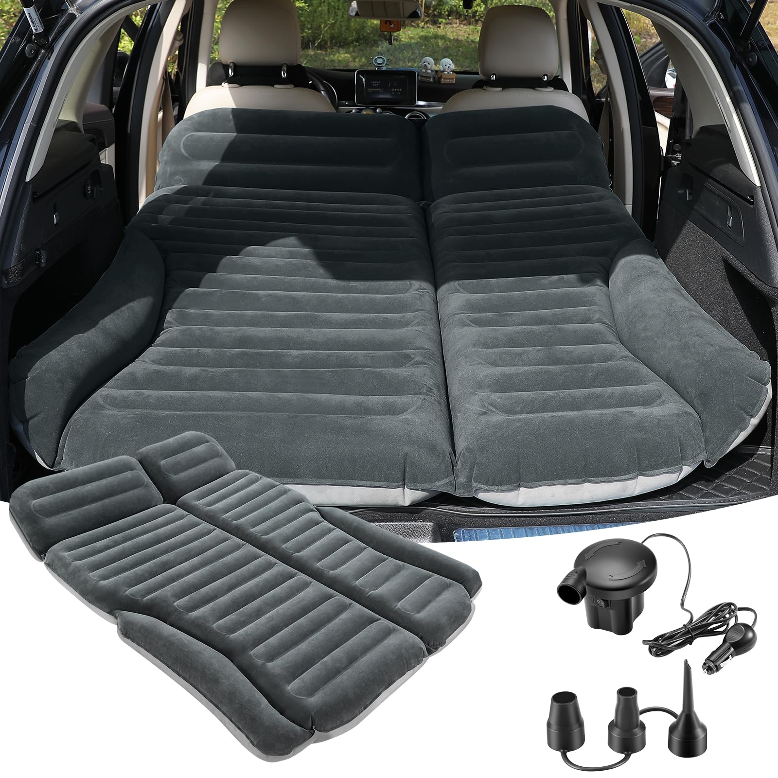 KMZ SUV Luftmatratze Doppelseitige Dickere Beflockung Auto-Bett – Bewegliche Aufblasbare Matratze für Camping & Reisen mit 2 Kissen & Elektrische Luftpumpe (Grün und Anthrazit)