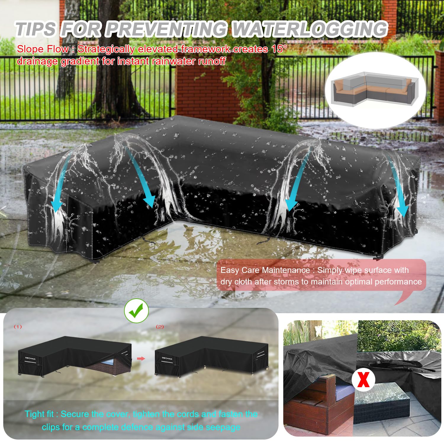 Schutzhülle für Loungemöbel L Form,Ecksofa Abdeckplane Loungemöbel L Form Abdeckung Ecksofa Outdoor Gartenmöbel Abdeckung Wasserdicht Winddicht Anti UV 420D Oxford Gewebe 180x240x90x80/60cm