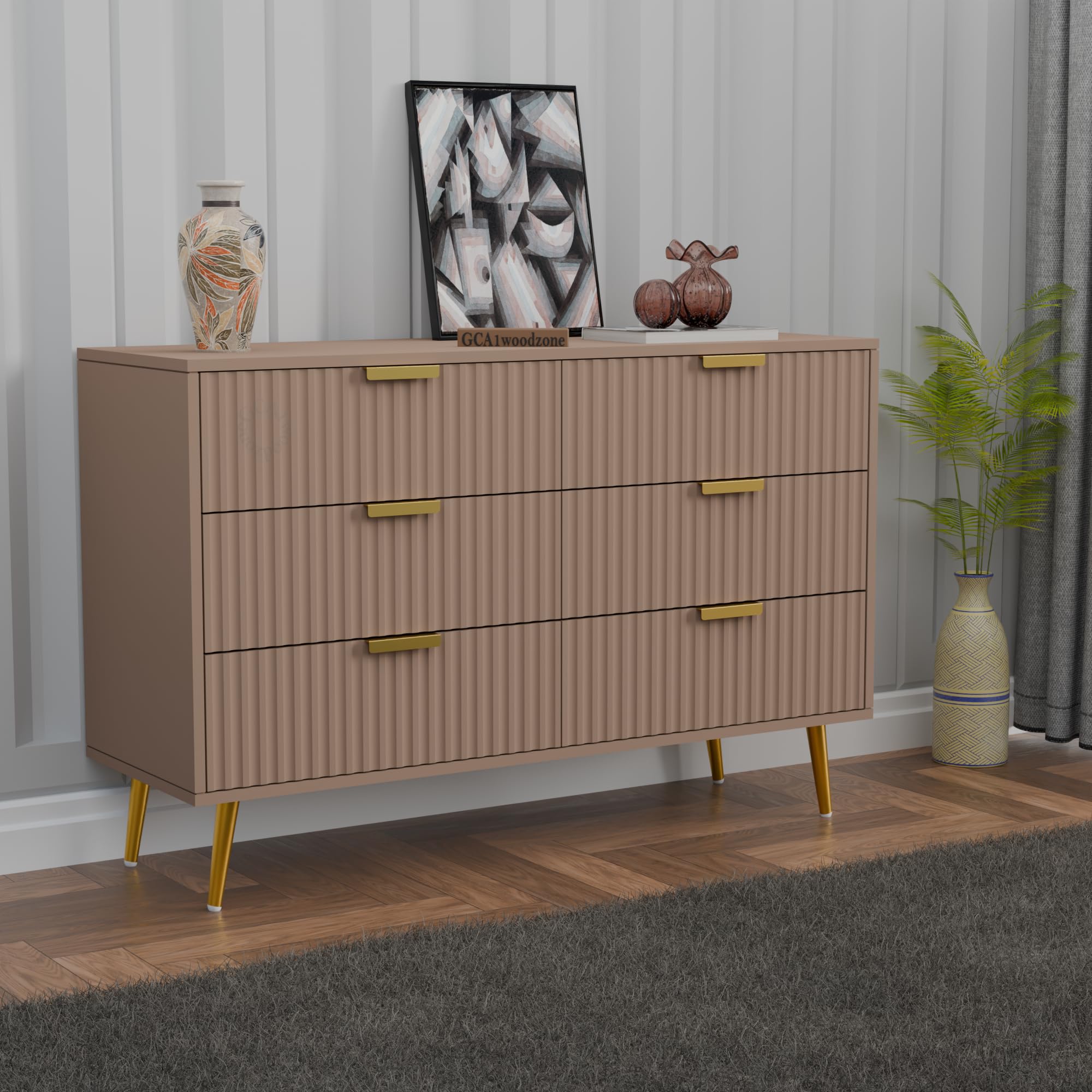 Solid Wooden Chest of Drawers | 6 Drawers Dresser Console Cabinet For Bedroom, Living Room, Drawing Room & Office | Sideboard | Multipurpose Storage | HDMR Premium Wood & Iron, Taupe & Golden-image-48