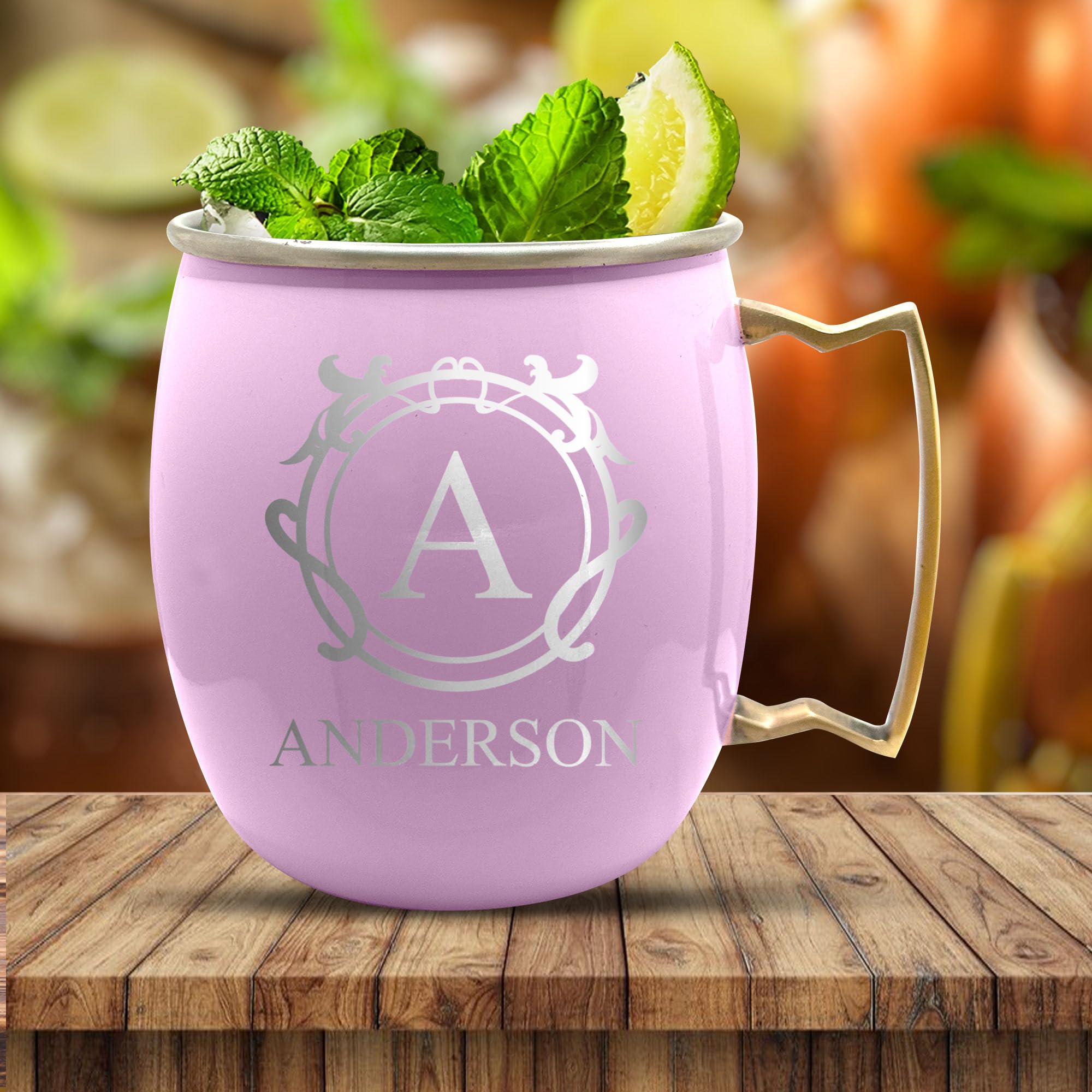 Personalized Custom Pink Mug Smooth Finish Moscow Mule with Brass Handle | Traditional Family Name Monogram Engraved Bar Style Cup, 18 oz | Single