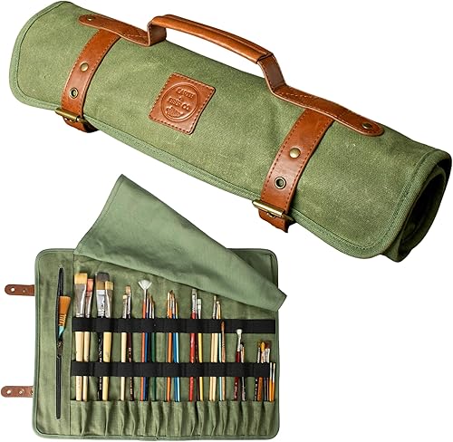 Porta pinceles de lona encerada y cuero - Bolsa de arte para pintura, dibujo y suministros de arte - Suministros de pintura y suministros de arte