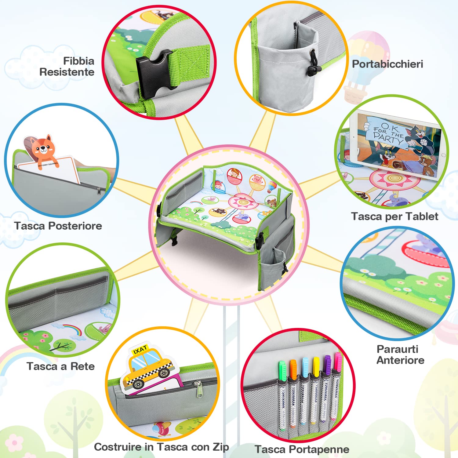 lenbest vassoio da viaggio, 1 penna per lavagna e tavola da disegno riutilizzabile per animali su entrambi i lati - vassoio per attività di gioco e snack per bambini - auto/passeggino/aereo (verde)