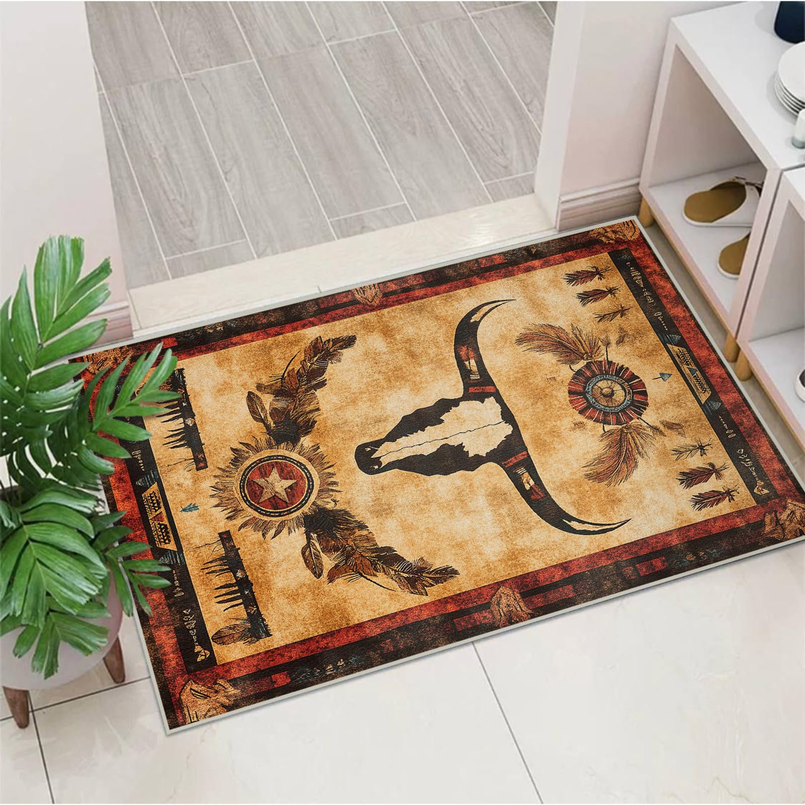 Western Area Rug Southwestern Cow Washable 2x3 Navajo Tribal Rugs for Living Room Bedroom Cowboy Rustic Non-Slip Soft Floor Large Carpet for Office