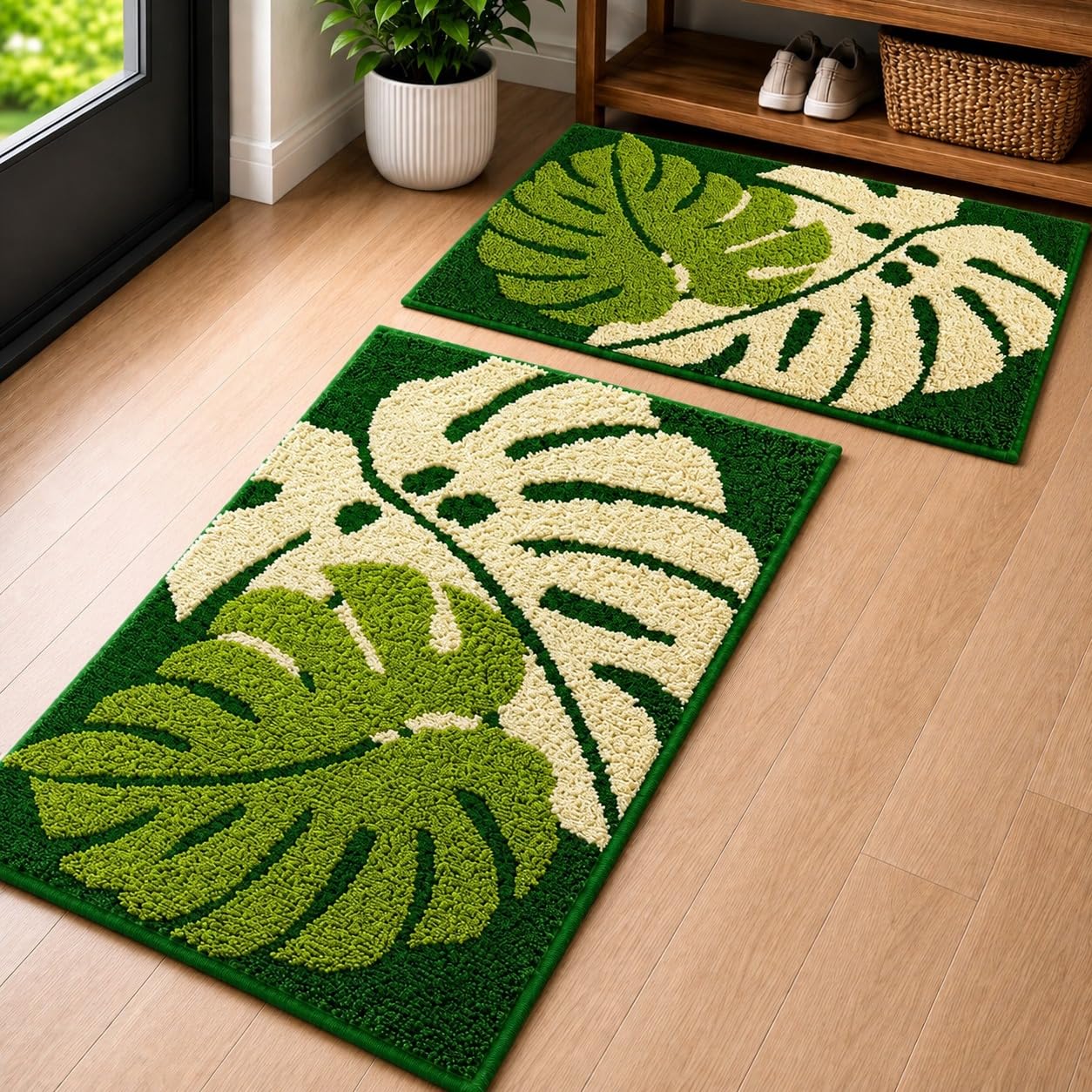 Roseate Two Leaf Super Soft Anti Skid (40x60 cm) Super Absorbent Mats Microfibre 2000 GSM Mat for Bathroom/Bedroom/Kitchen/Door Mat/Floor Mat (Pack of 2) Green