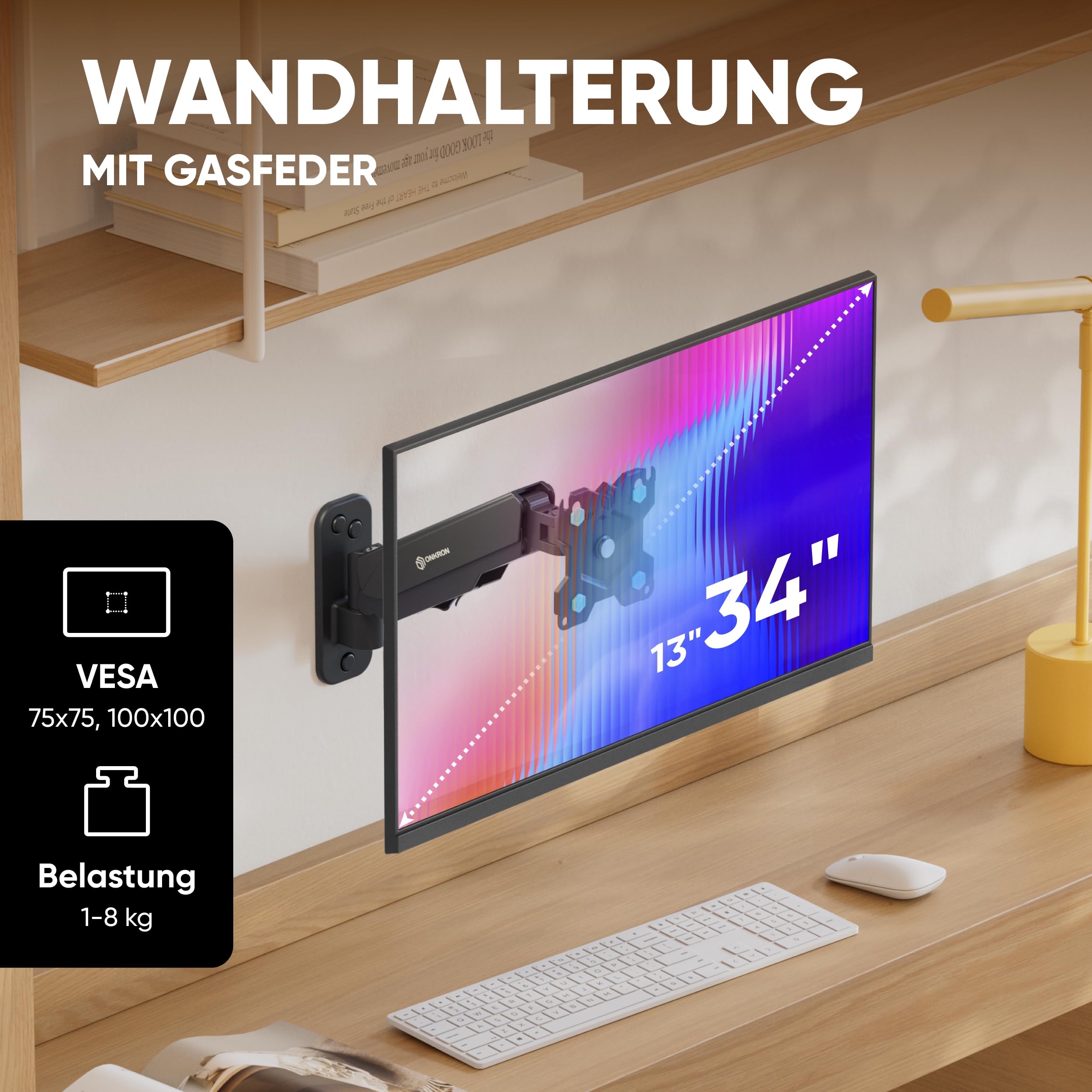 ONKRON Monitor Wandhalterung 13-34 Zoll, bis 8 kg, max VESA 100x100, G120-B