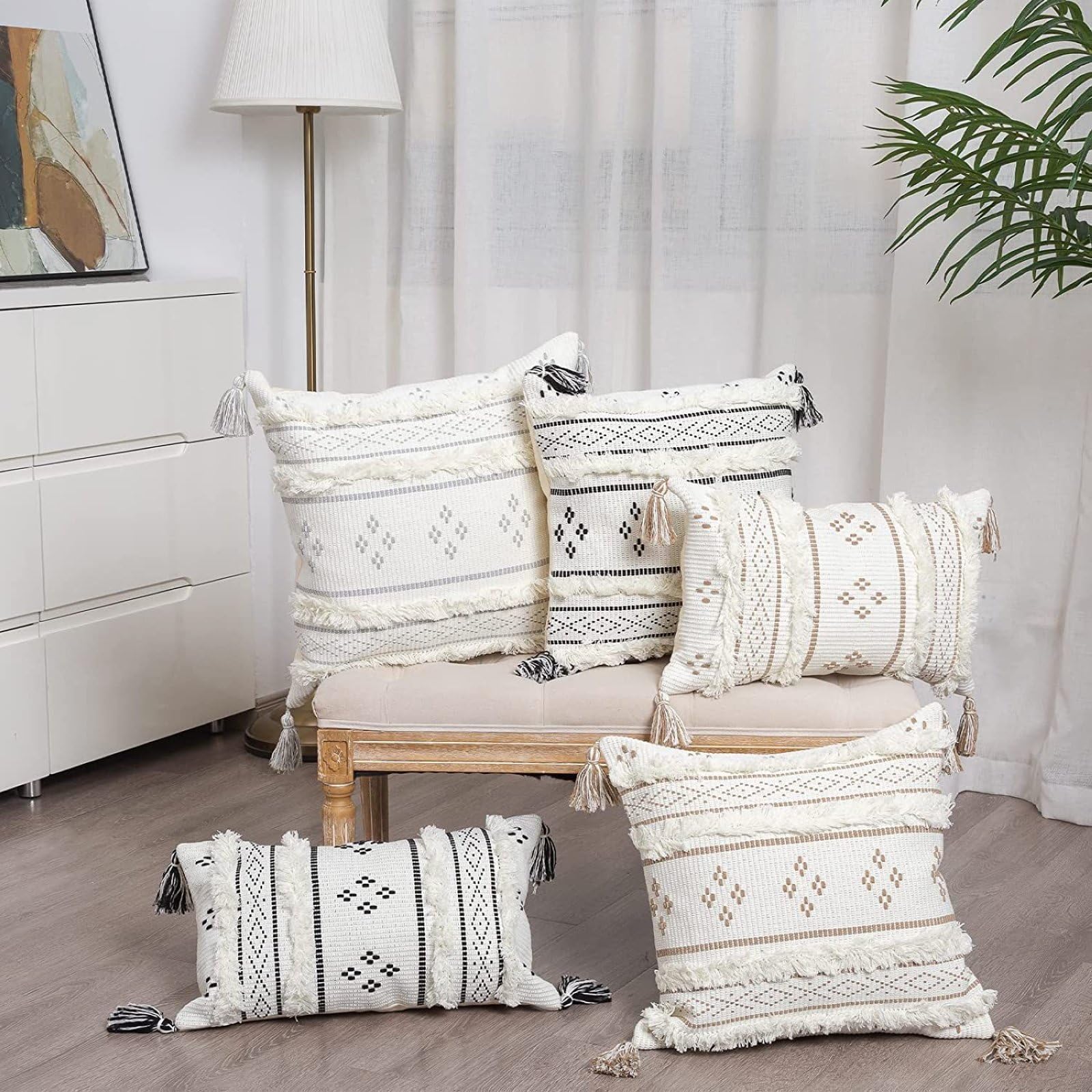 Fodera per Cuscino Boho Intrecciato macramè Home Decor Cuscini Comfort Trapuntati con Nappe,Nero,45 x 45 cm