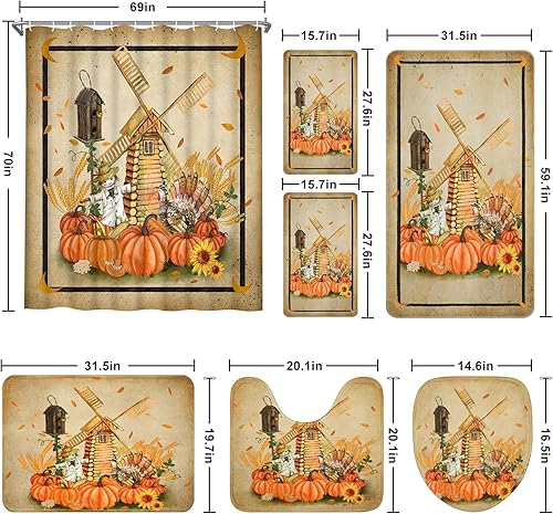 Miniatura 7 de Juego de 7 cortinas de ducha de otoño de Acción de Gracias con alfombras y toalla, incluye alfombra antideslizante, cubierta para tapa de inodoro,