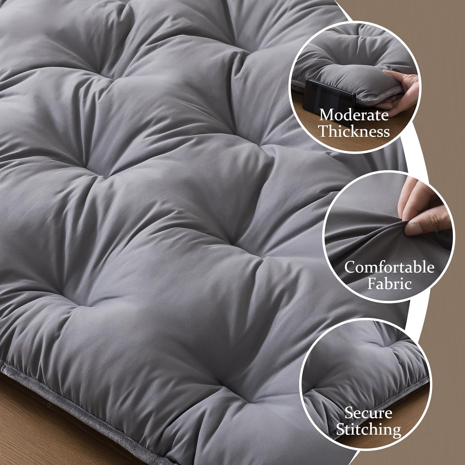 SHOUREN Japanese Futon Mattress Floor Mattress 3" Tatami Mat,Shredded Memory Foam Foldable Roll Up and Portable Sleeping Pad Suitable for Camping,Guest Room,Grey 54"X80" Full Size