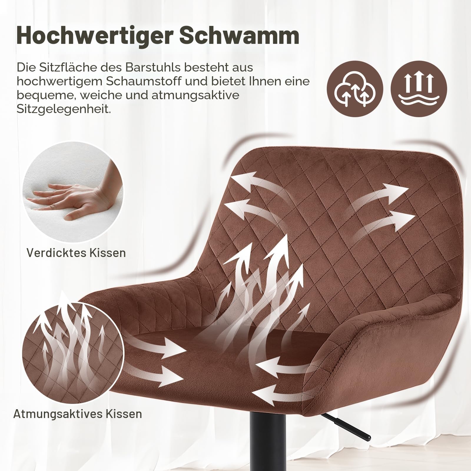 ralex-chair Barhocker 2er Set, Höhenverstellbare Drehbare Barhocker aus Samtstoff, Frühstücks-Esshocker mit Rückenlehne und Armlehne für Bar, Theke und Küche, Braun