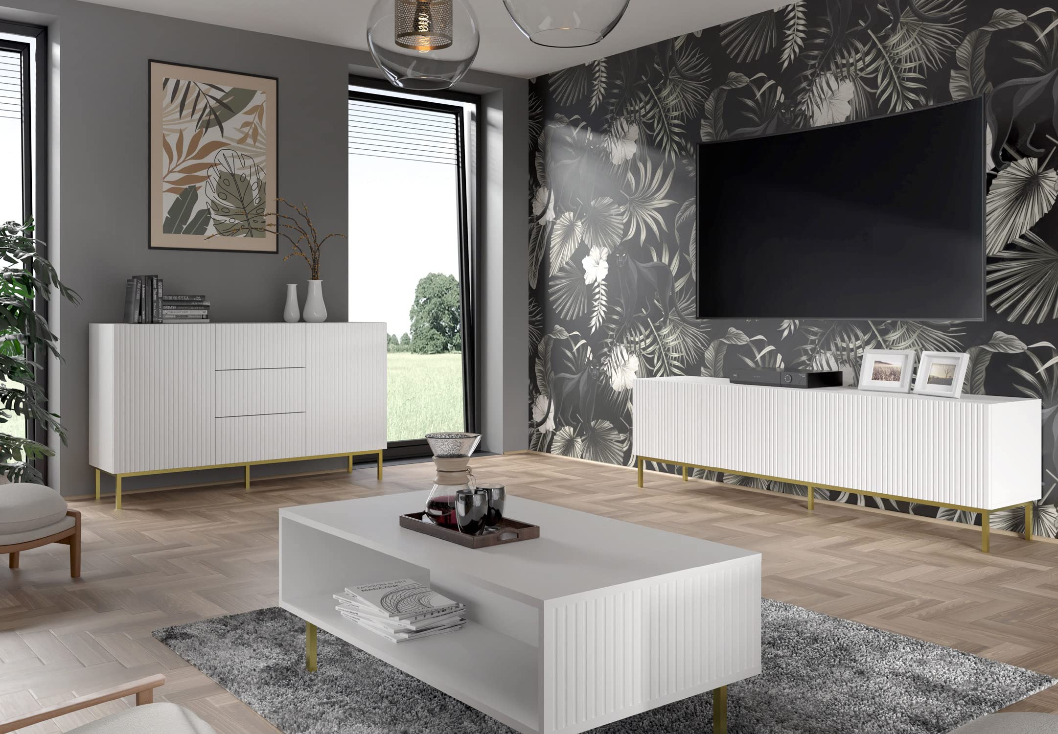 BIM Furniture Lowboard TV Schrank Ravenna B 4D 200 cm gefräste dekorierte MDF-Fronten auf goldenen Metallbeinen Stehen Unterschrank Fernsehschrank TV Board Sideboard HiFi-Tisch (Weiß Matt)