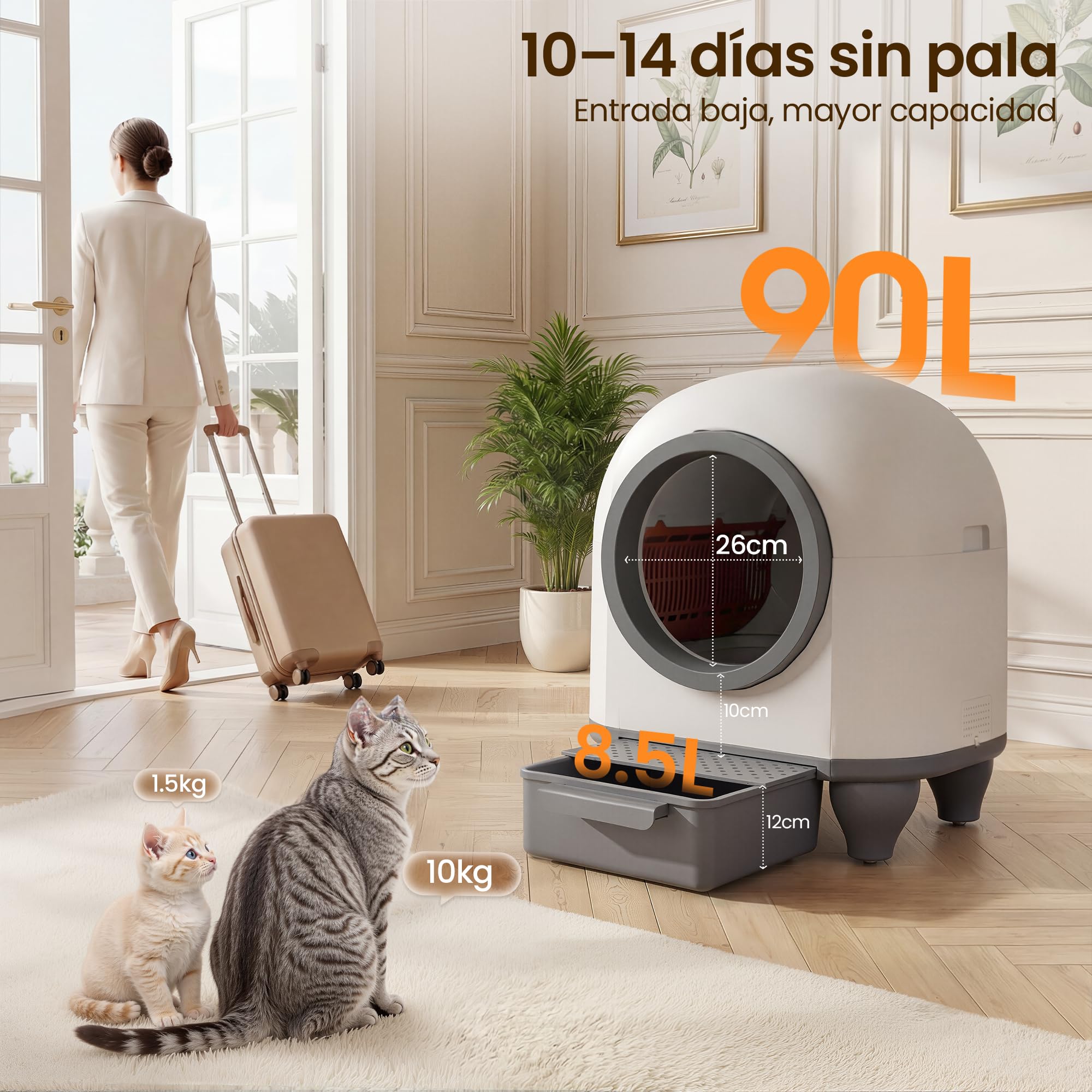 Arenero Gatos Autolimpiable con App, Caixa de Areia para Gatos Automatico de 90 L con cajón de heces de 8,5 L para más de una Semana, Sistema aromático y sensores Radar, Ideal para Varios Gatos. | Bandeja de arena autolimpiable con seguridad múltiple, con